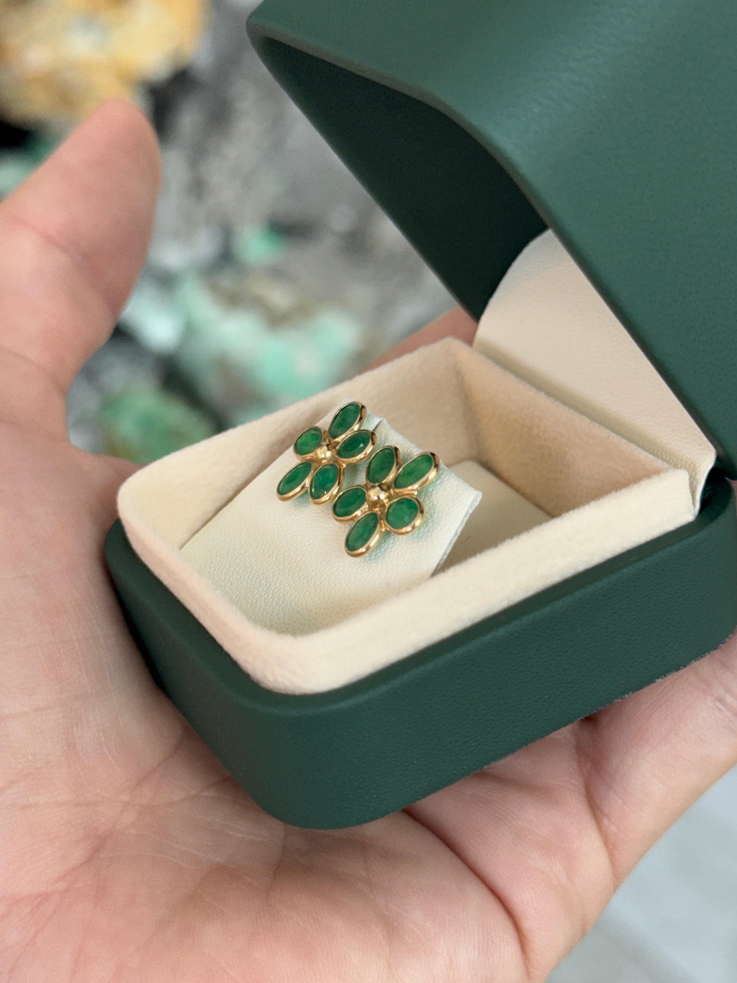 3.14tcw 14K Bezel Set Floral Emerald Stud Earrings