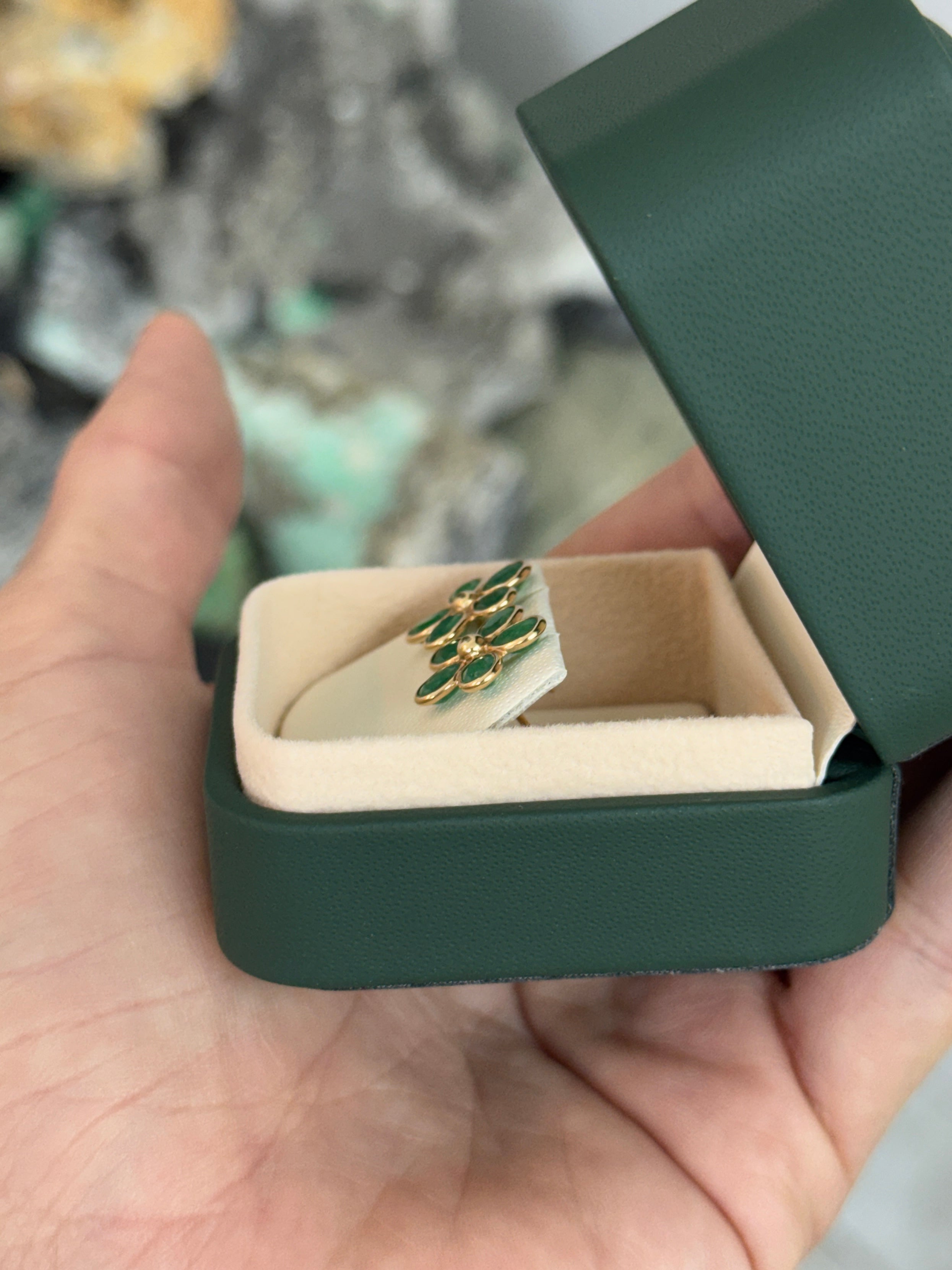 3.14tcw 14K Bezel Set Floral Emerald Stud Earrings