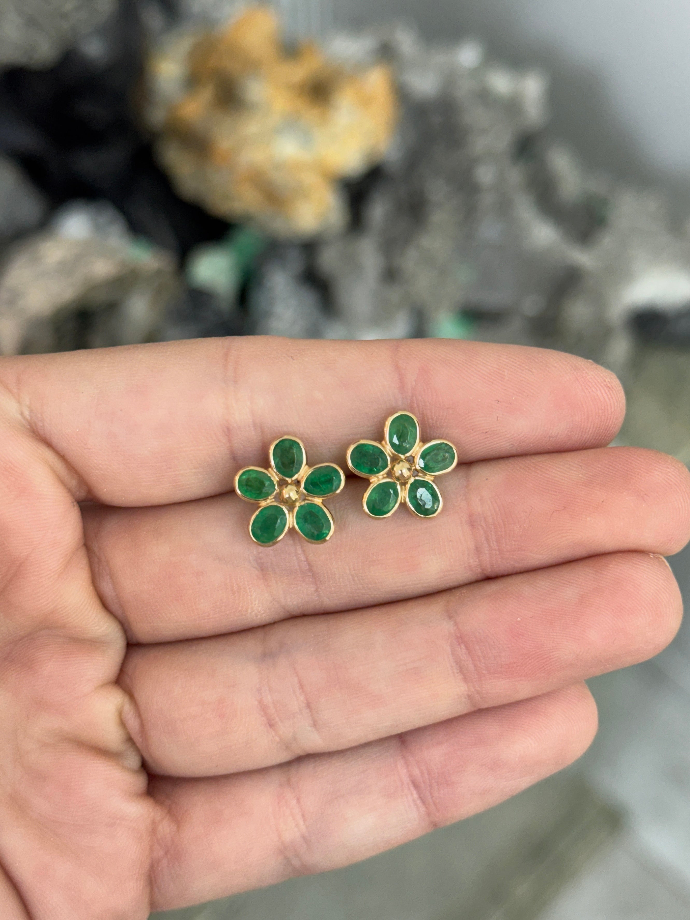 3.14tcw 14K Bezel Set Floral Emerald Stud Earrings