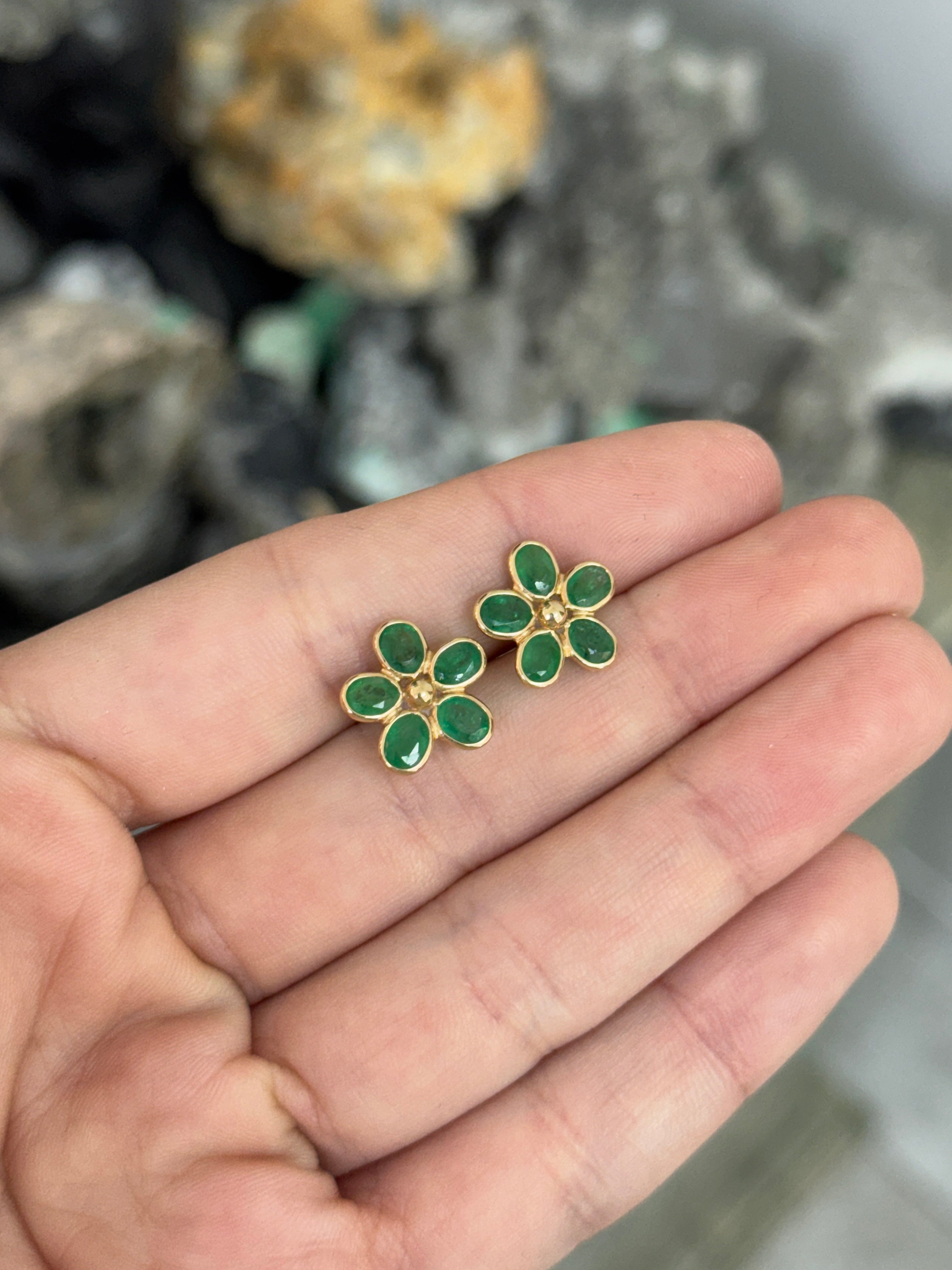 3.14tcw 14K Bezel Set Floral Emerald Stud Earrings