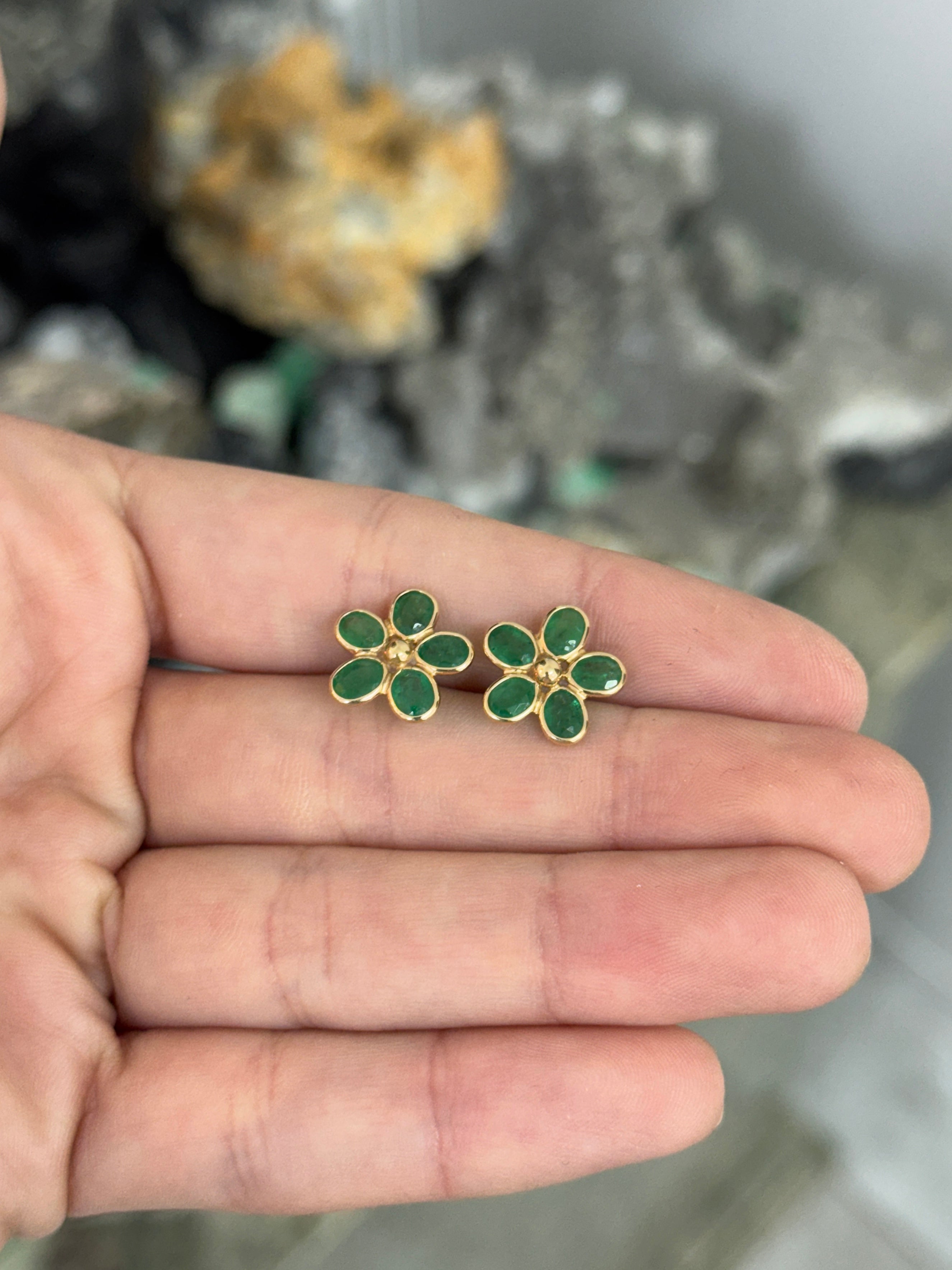 3.14tcw 14K Bezel Set Floral Emerald Stud Earrings