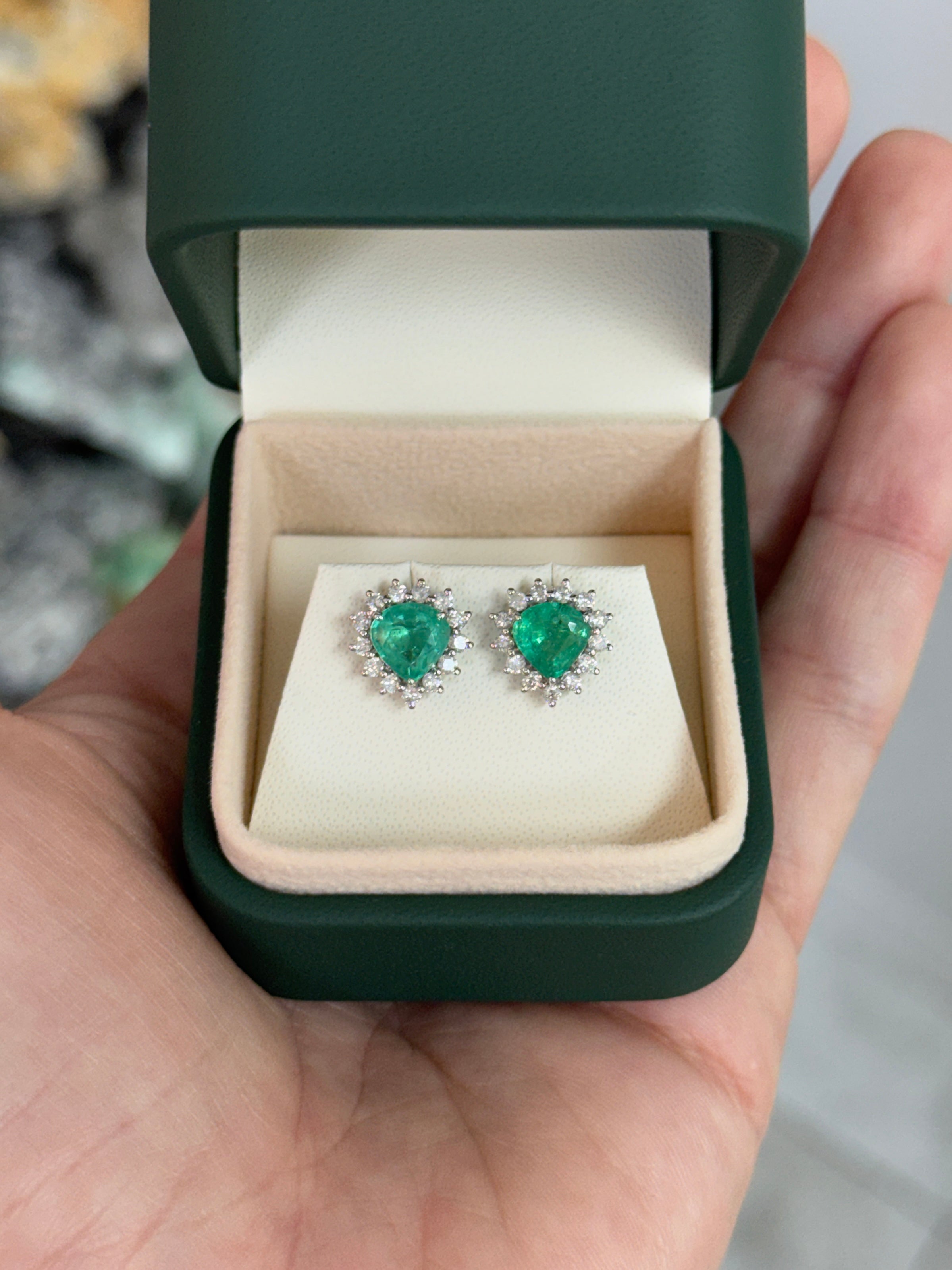 2.55tcw Chunky Pear Emerald & Diamond Halo Stud Earrings 18K White Gold
