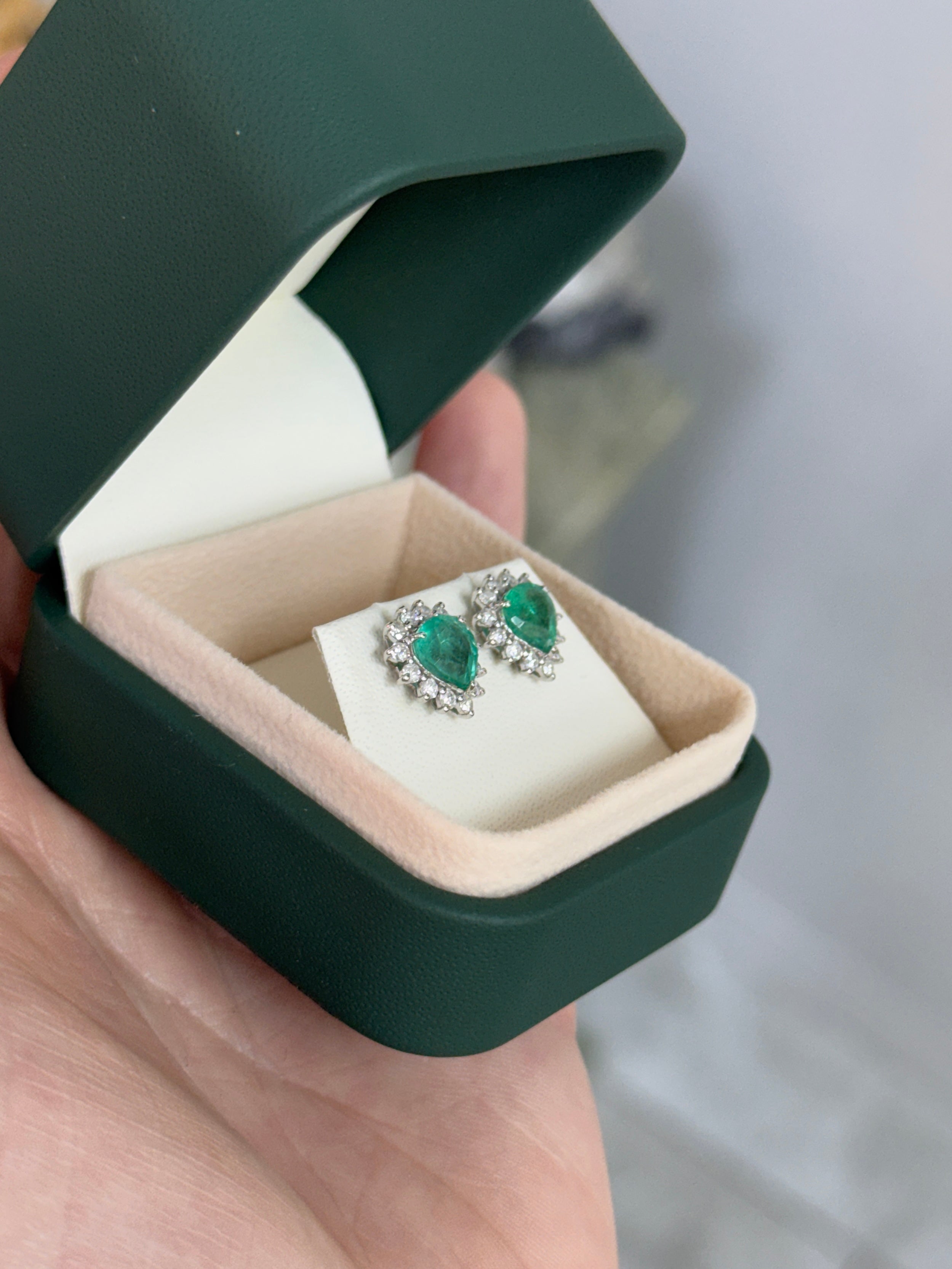 2.55tcw Chunky Pear Emerald & Diamond Halo Stud Earrings 18K White Gold
