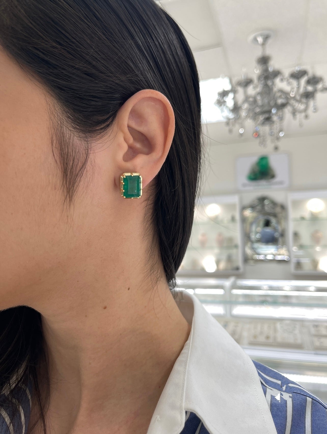13.90tcw Zambian Emerald Multi Prong 18K Statement Studs - JR Colombian Emeralds