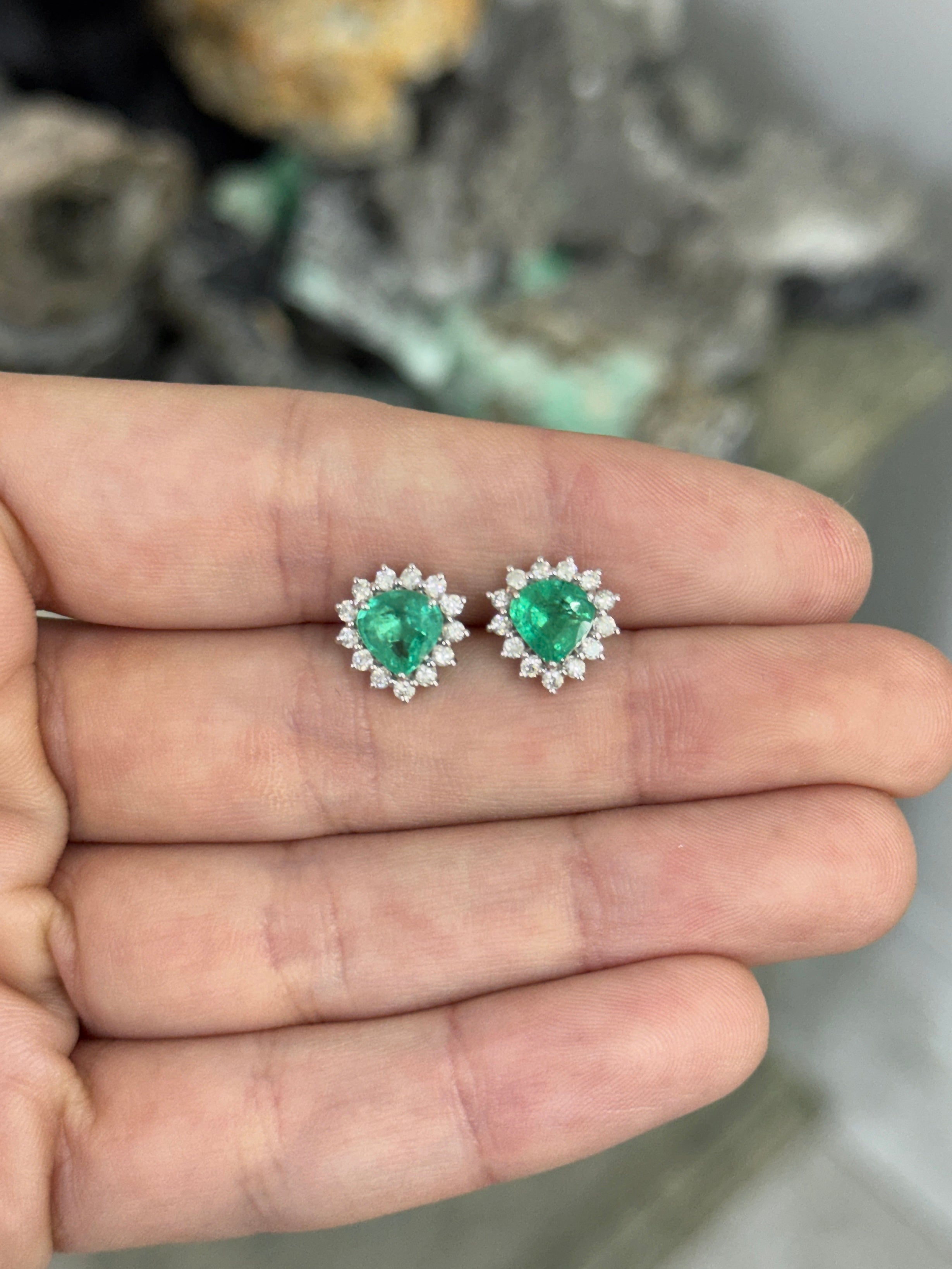 2.55tcw Chunky Pear Emerald & Diamond Halo Stud Earrings 18K White Gold