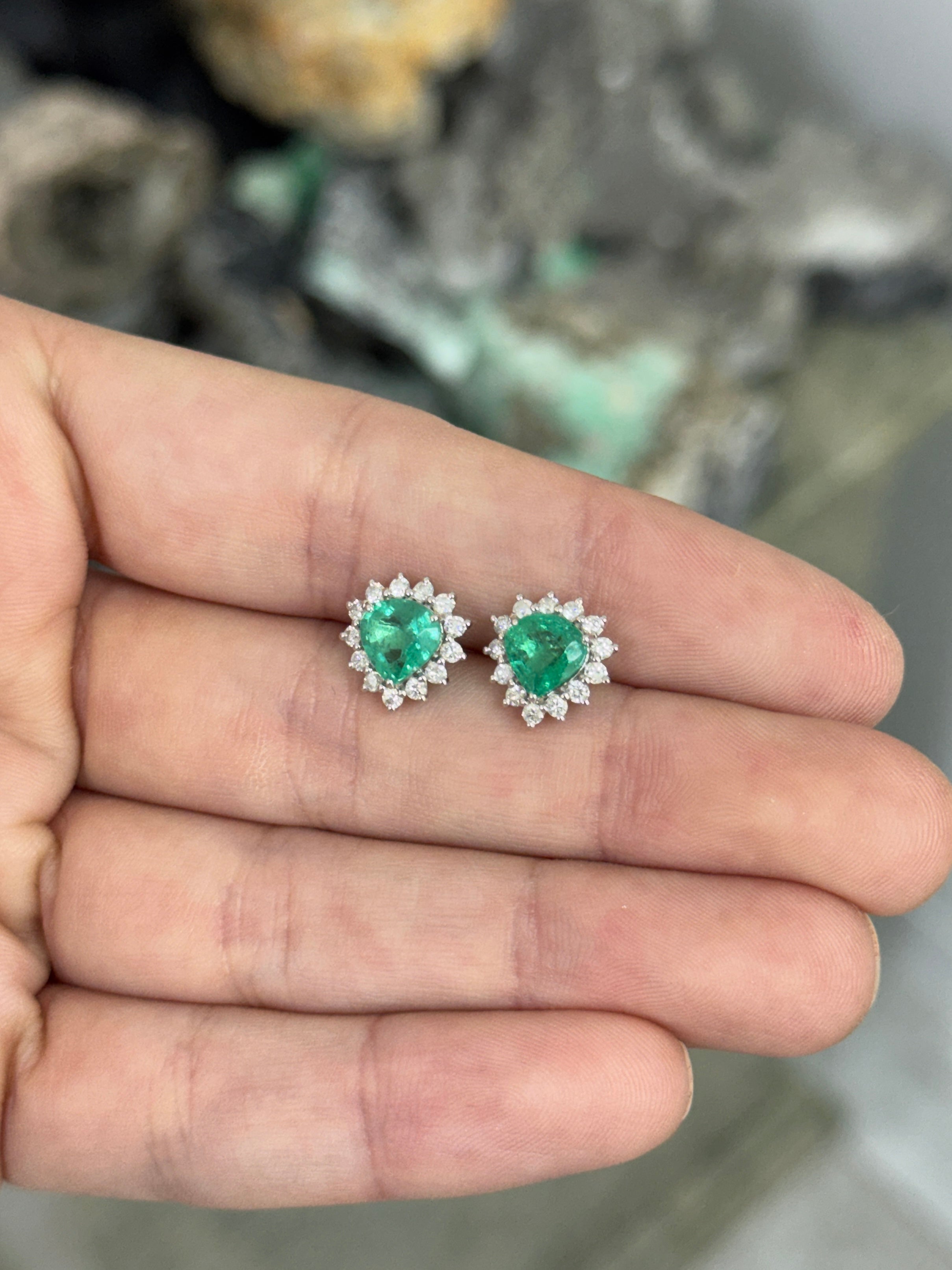 2.55tcw Chunky Pear Emerald & Diamond Halo Stud Earrings 18K White Gold