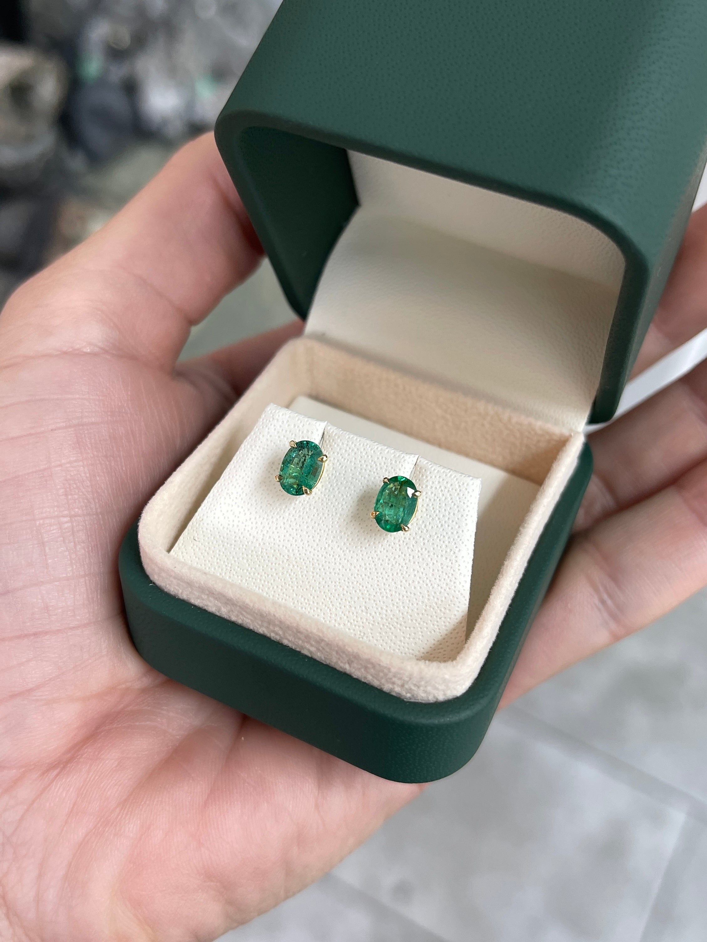 1.60tcw 14K Rich Green Oval Cut Four Prong Emerald Studs Earrings