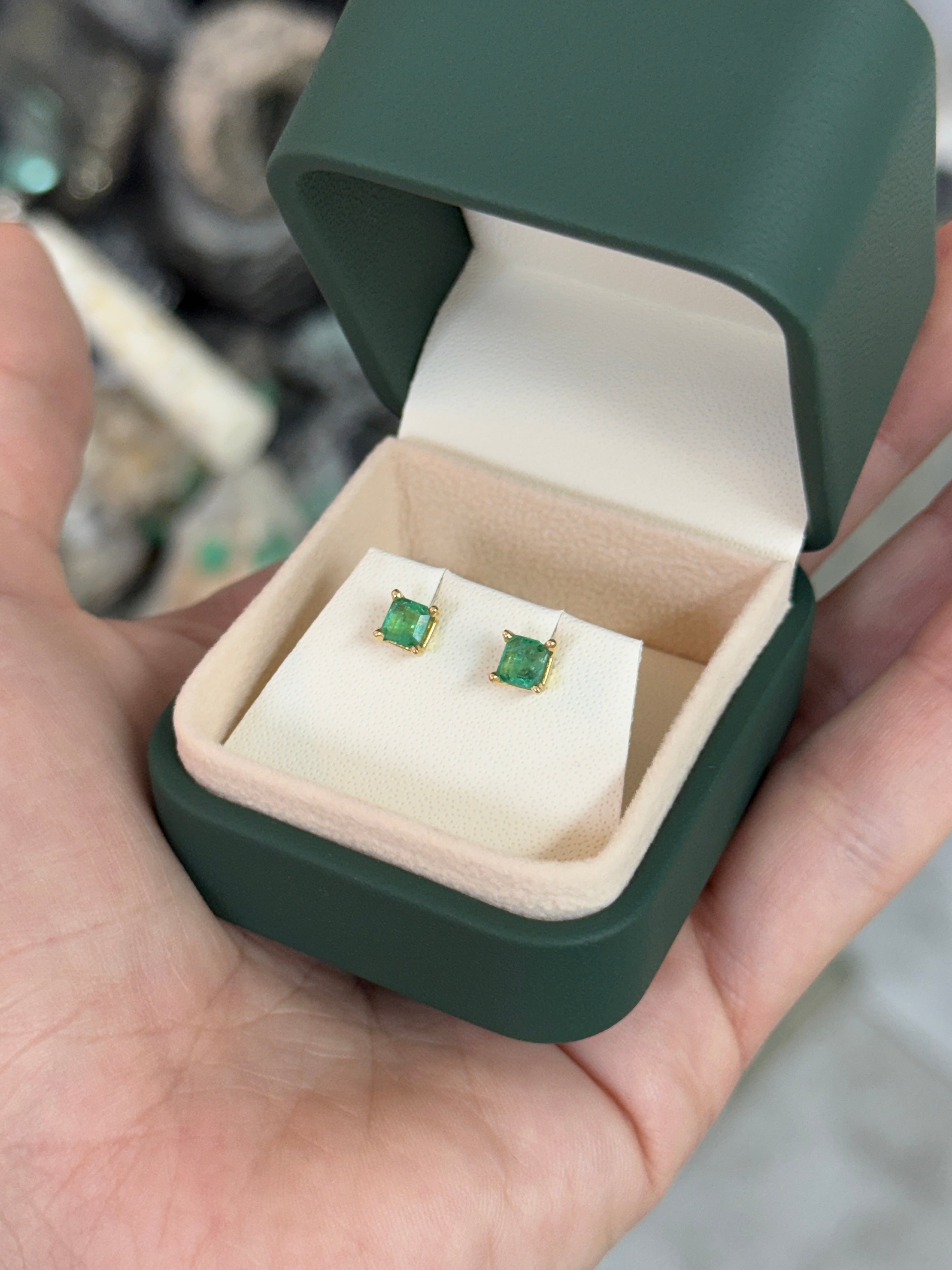 0.80tcw Petite Asscher Cut Emerald Stud Earrings 14K