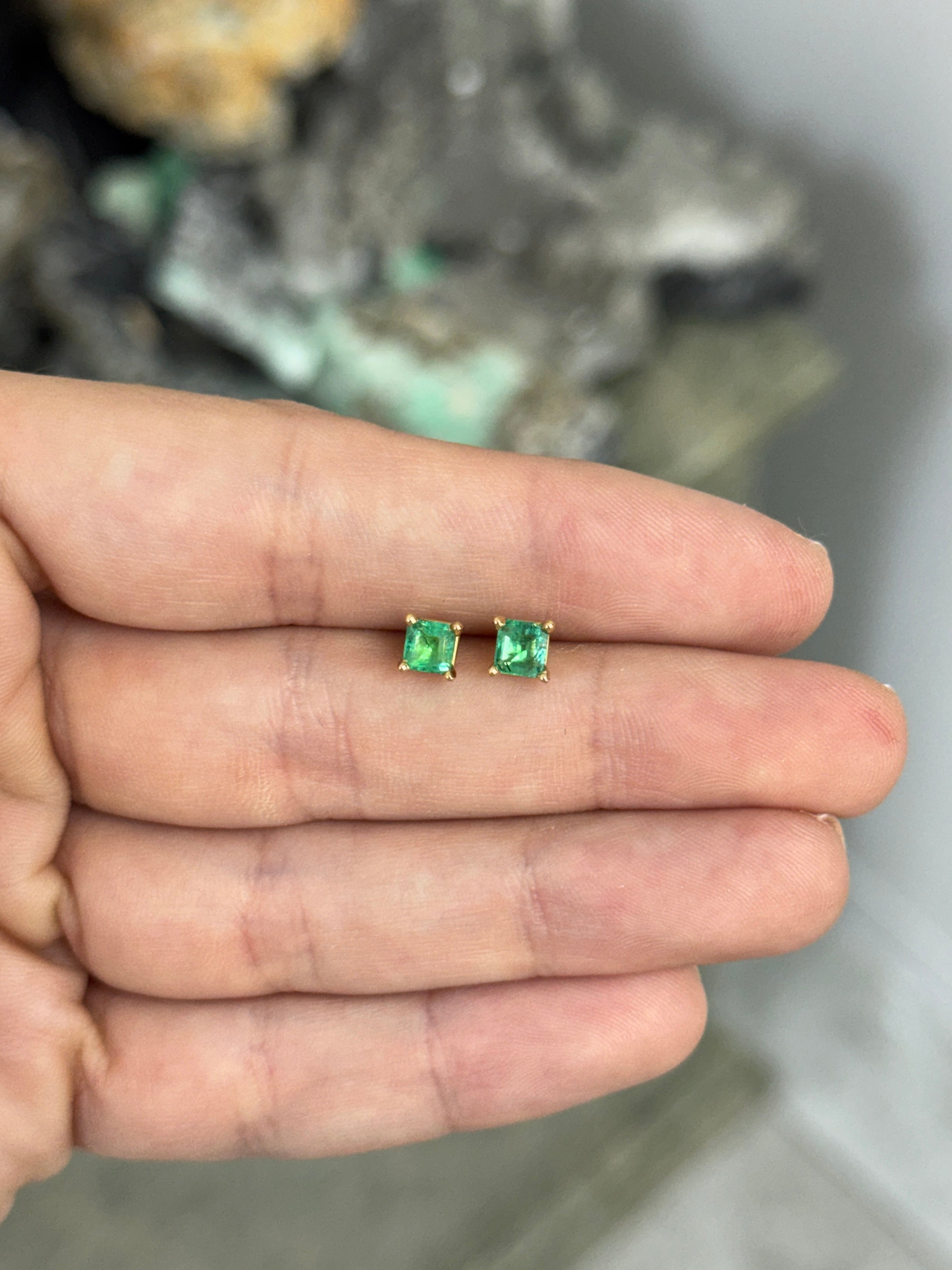 0.80tcw Petite Asscher Cut Emerald Stud Earrings 14K