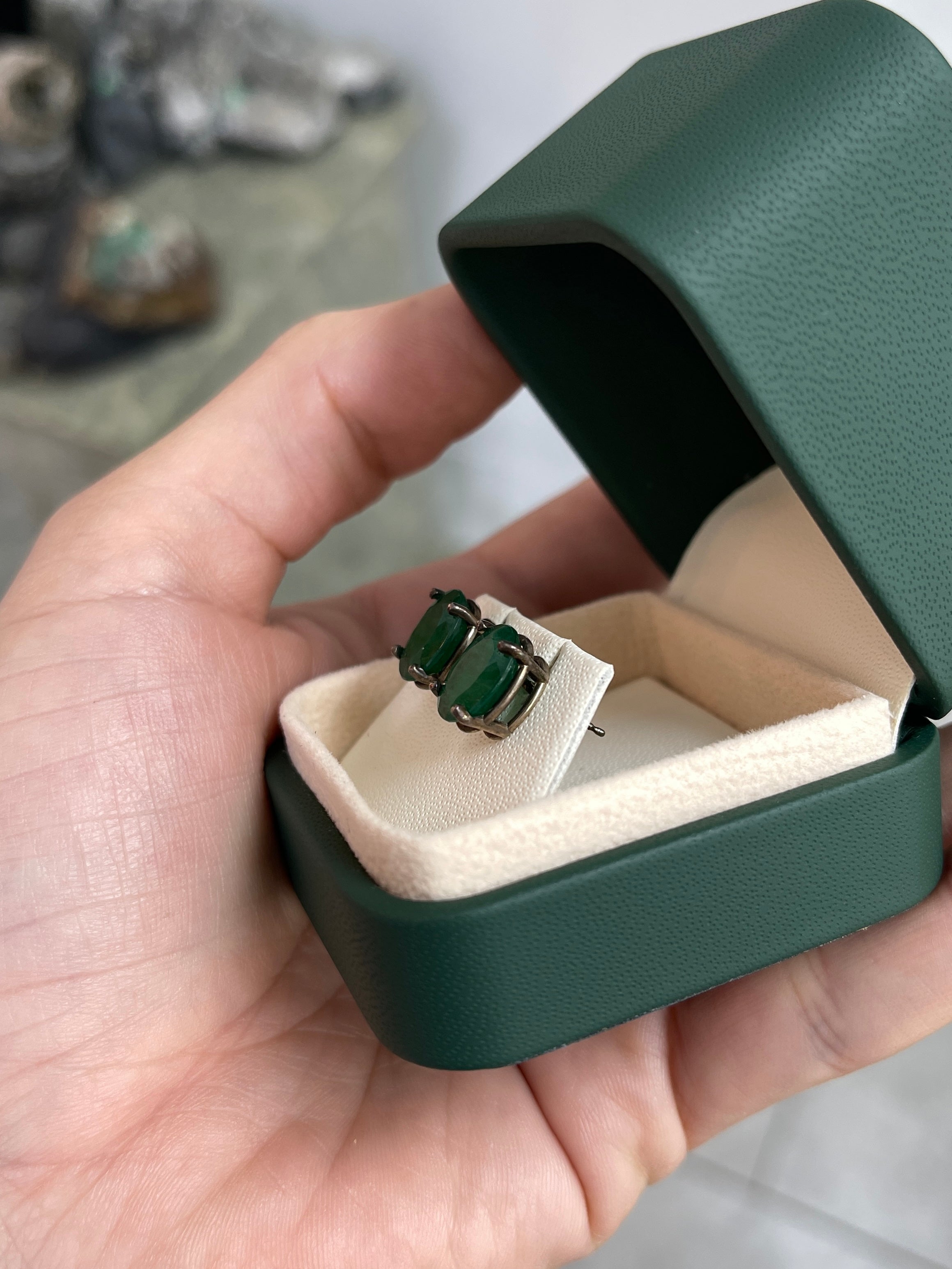 5.20tcw Dark Green Natural Oval Blackened Silver Stud Earrings