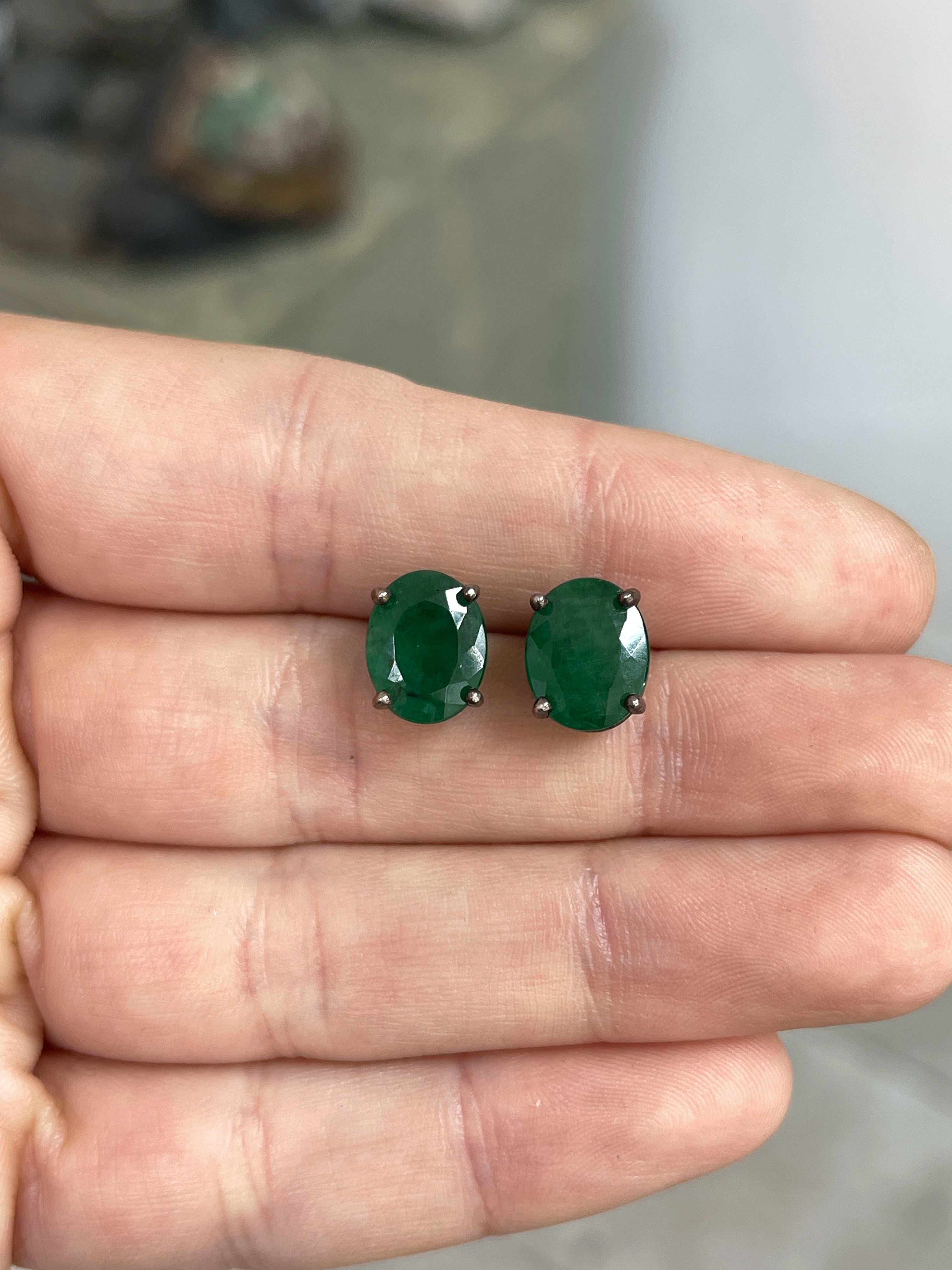 5.20tcw Dark Green Natural Oval Blackened Silver Stud Earrings