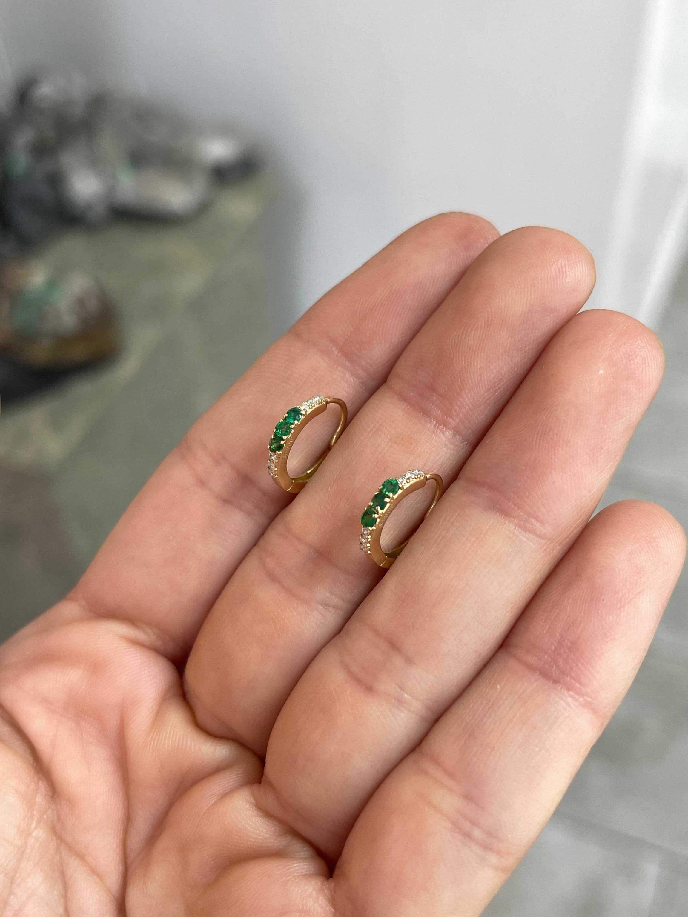 Emerald & Diamond Huggie Earrings 14K