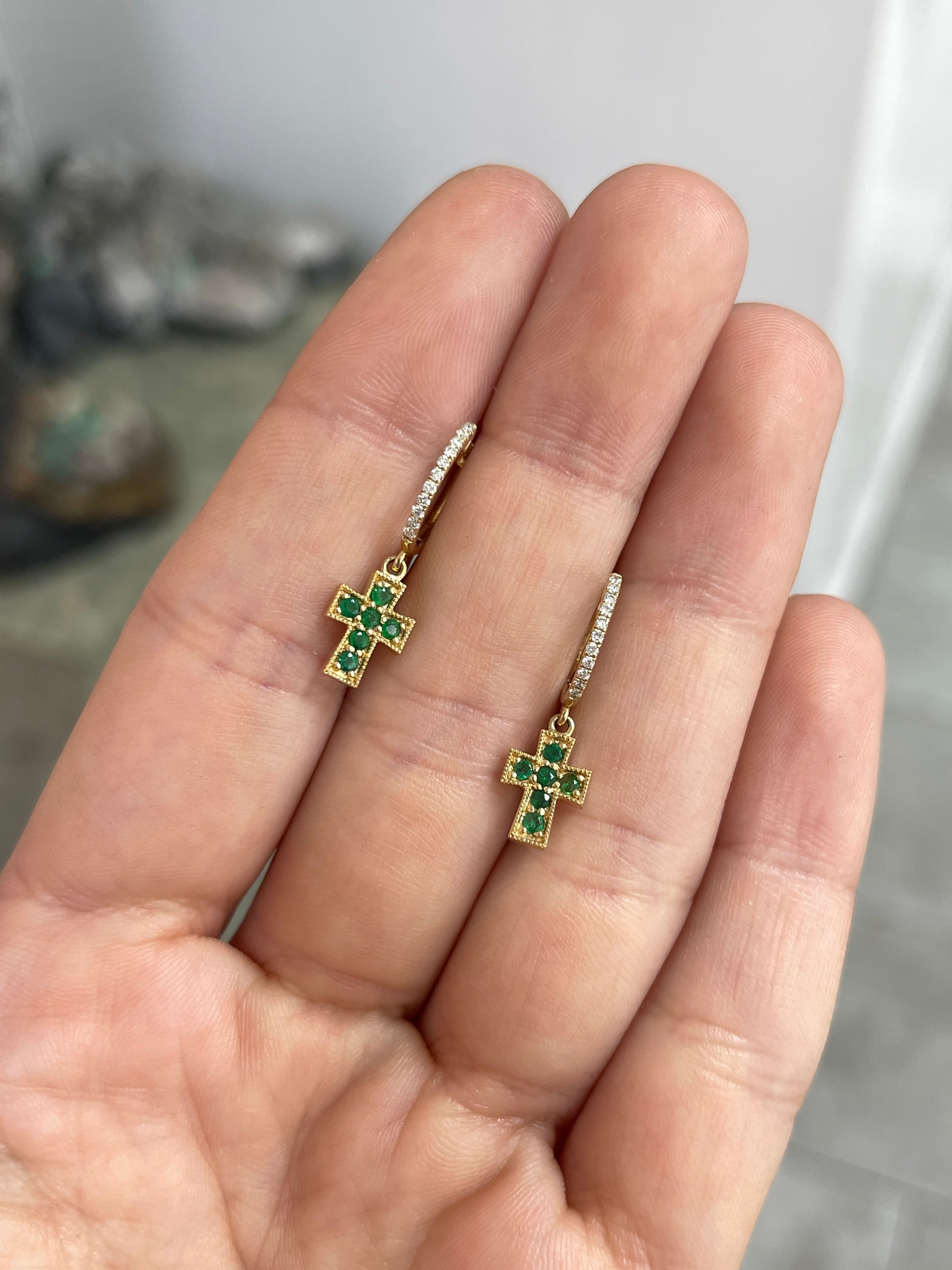 Emerald Cross & Diamond Hoop Earrings 14K