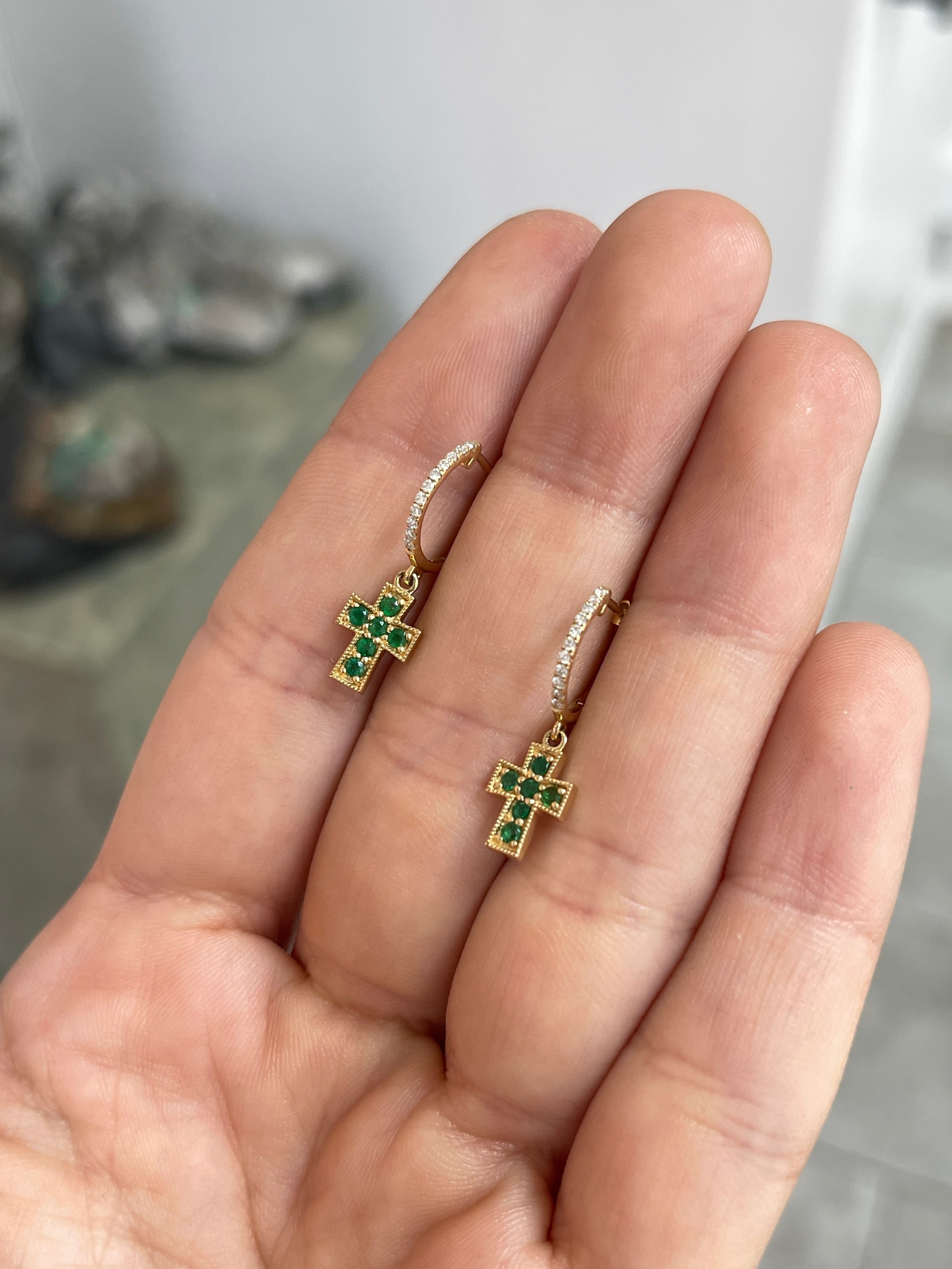 Emerald Cross & Diamond Hoop Earrings 14K