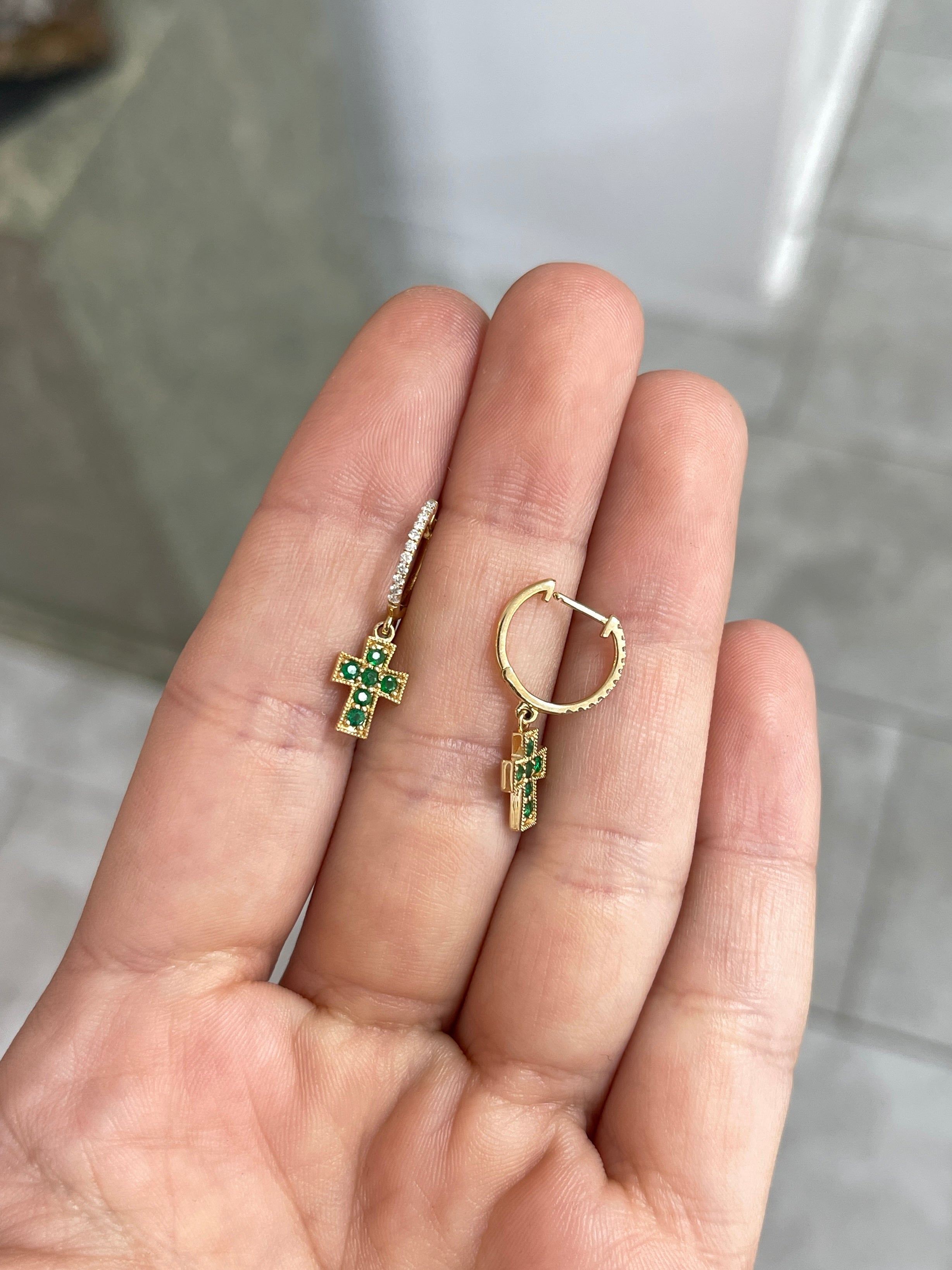 Emerald Cross & Diamond Hoop Earrings 14K