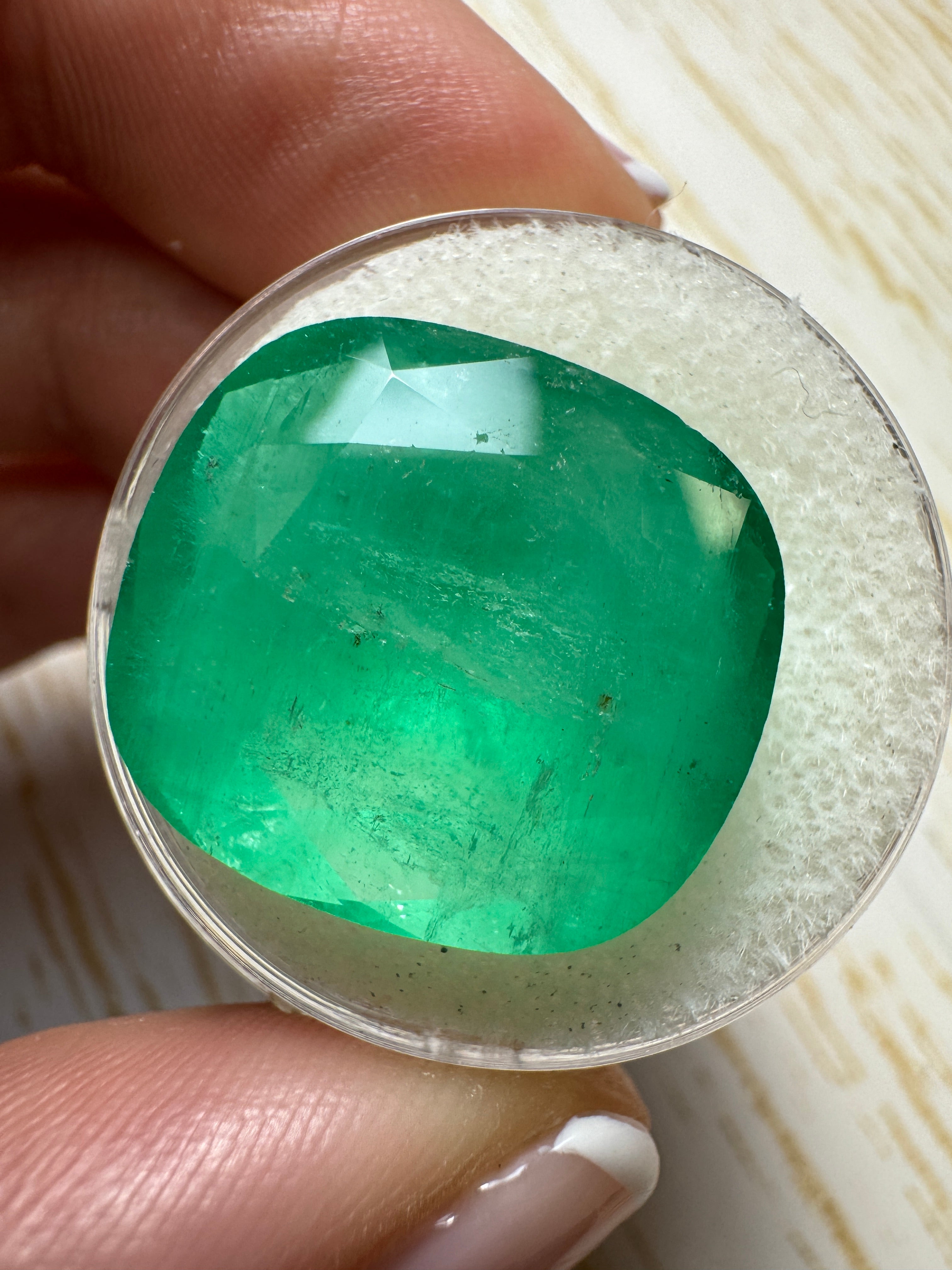 21.62 Carat 19x17 Earthy Green Natural Loose Colombian Emerald-Cushion Cut - JR Colombian Emeralds