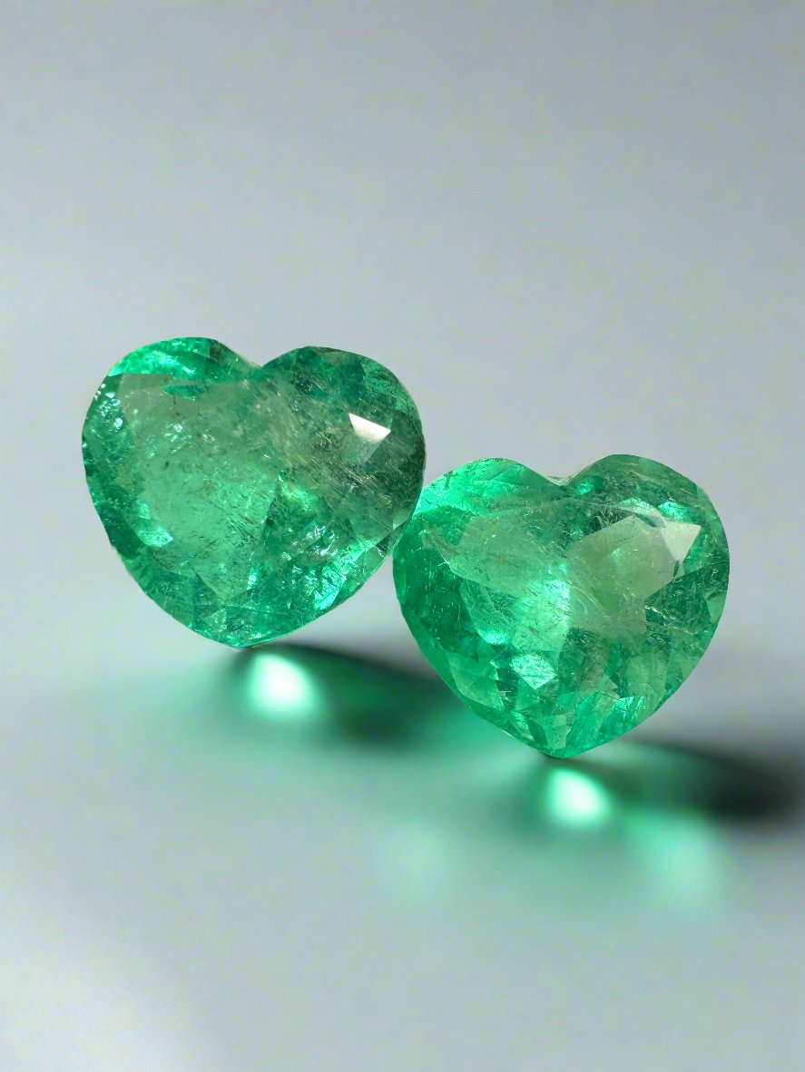 16.68tcw 12.6x14.1 RARE FIND Matching Bubbly Emerald Hearts Yellowish Green Natural Colombian Emeralds