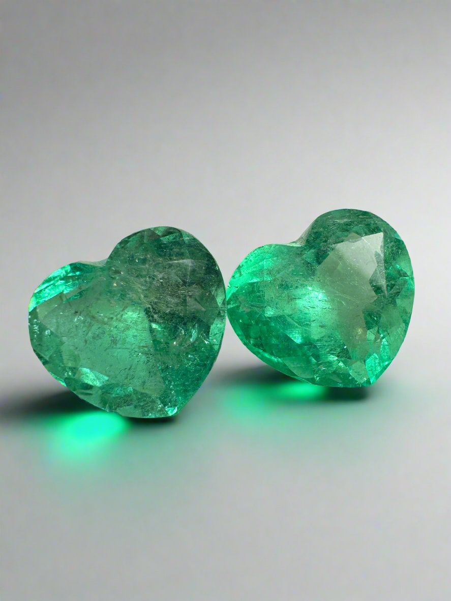 16.68tcw 12.6x14.1 RARE FIND Matching Bubbly Emerald Hearts Yellowish Green Natural Colombian Emeralds