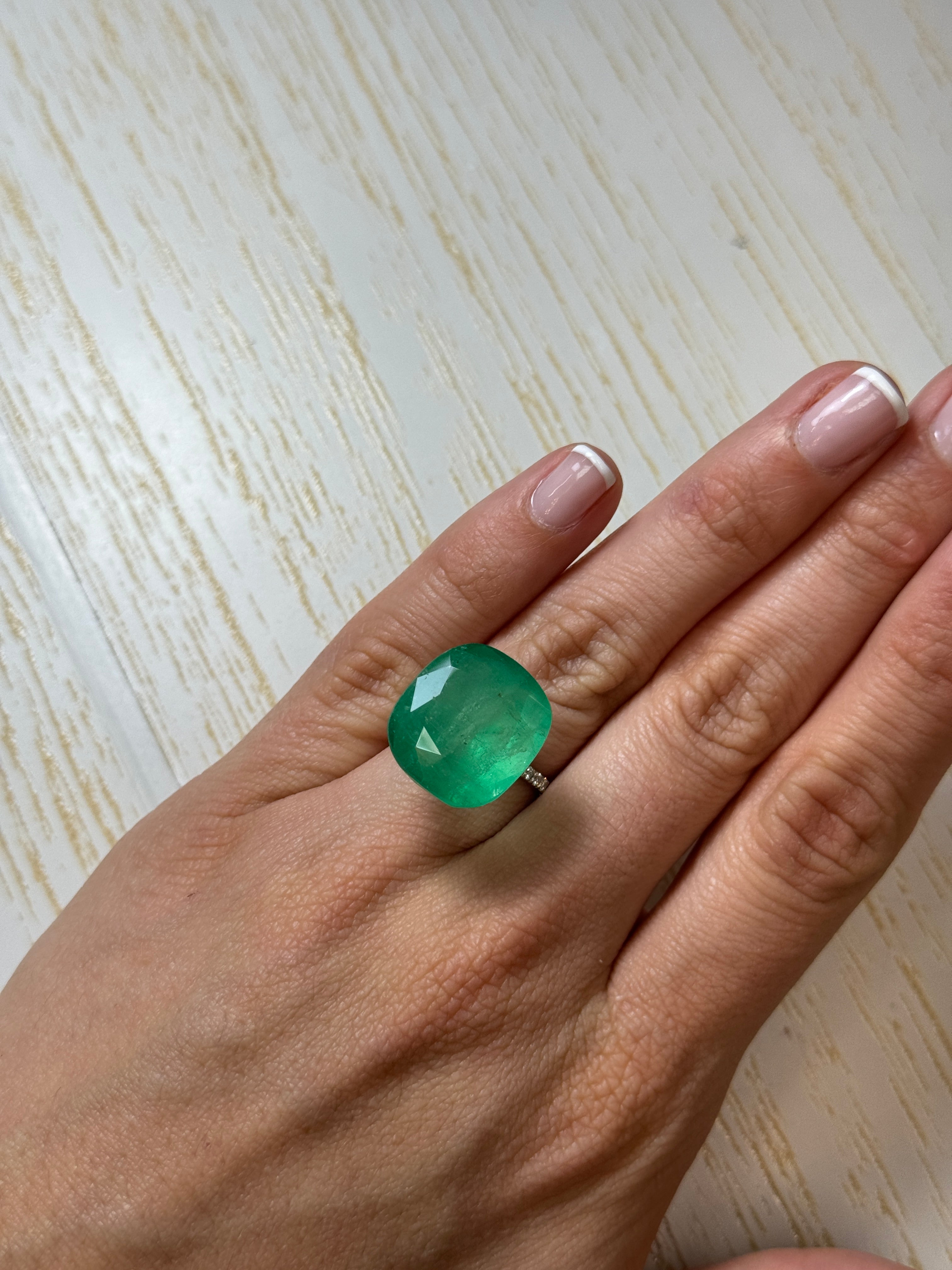 21.62 Carat 19x17 Earthy Green Natural Loose Colombian Emerald-Cushion Cut - JR Colombian Emeralds