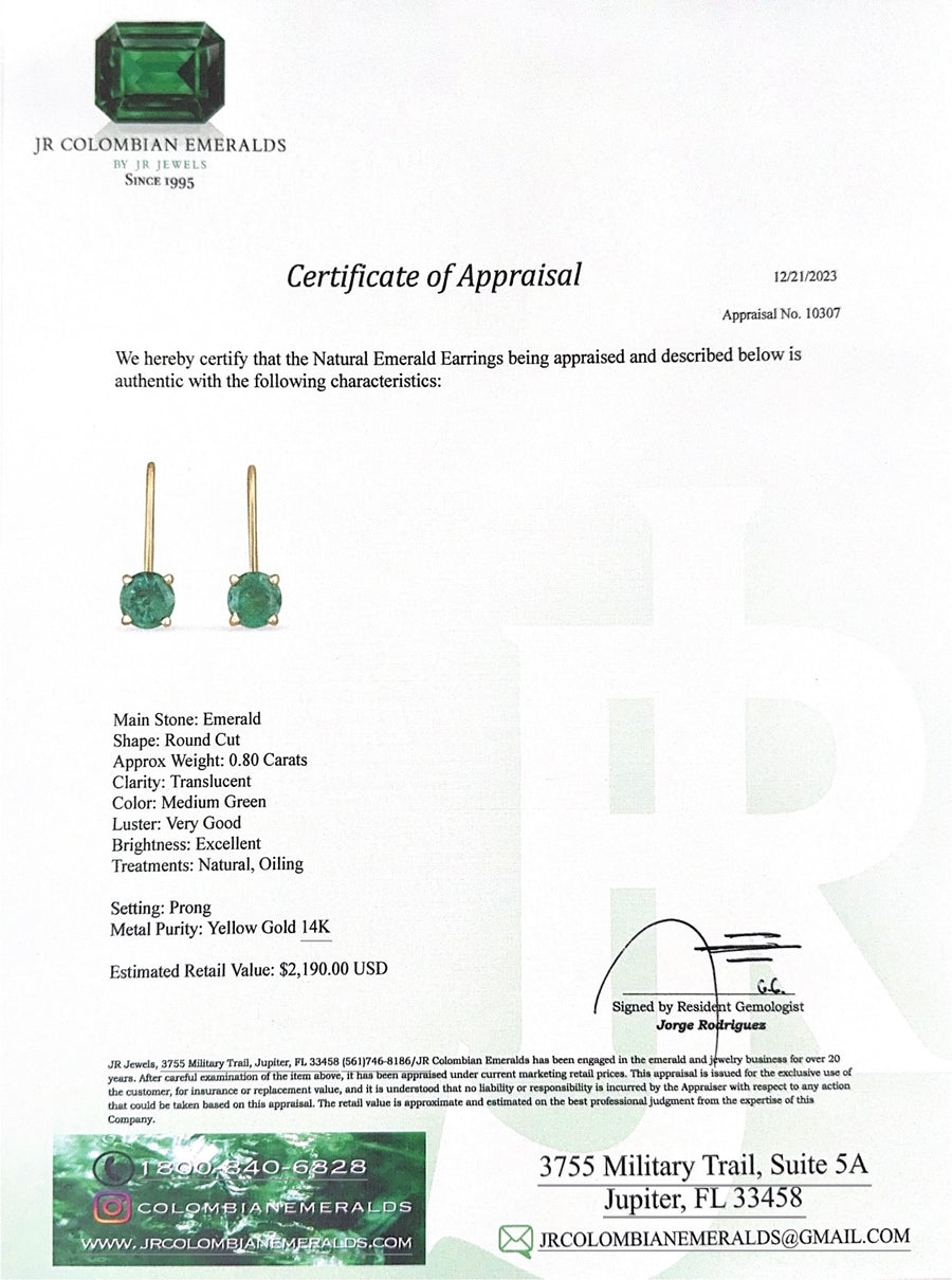 0.80tcw 14K Yellow Gold Round Emerald Leverback Earrings