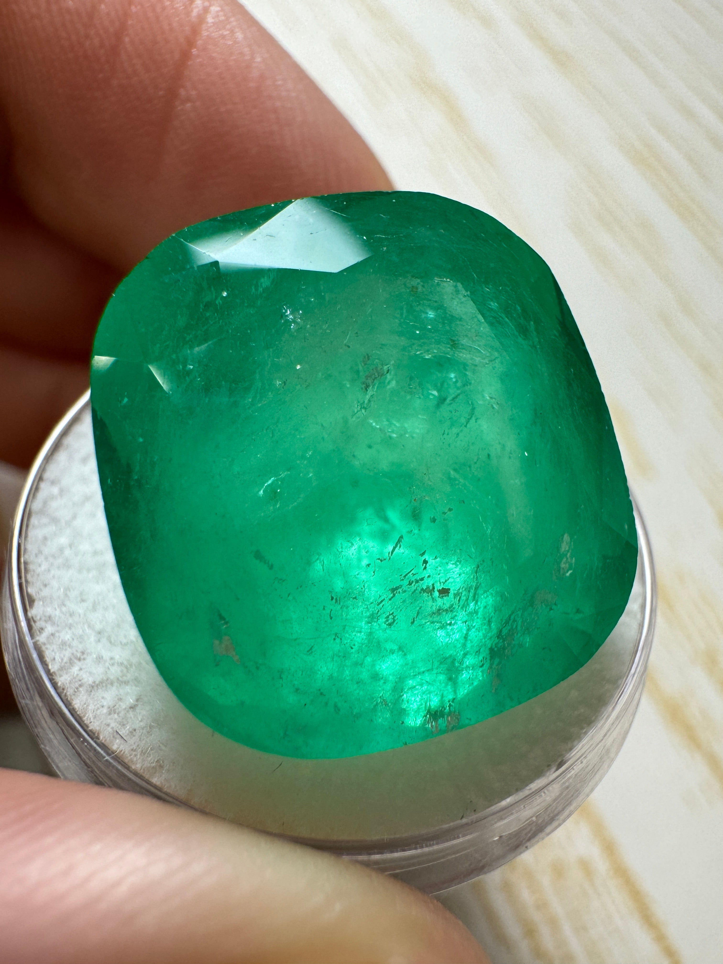 30.43 Carat 19x18 Spring Green Natural Loose Colombian Emerald-Cushion Cut - JR Colombian Emeralds