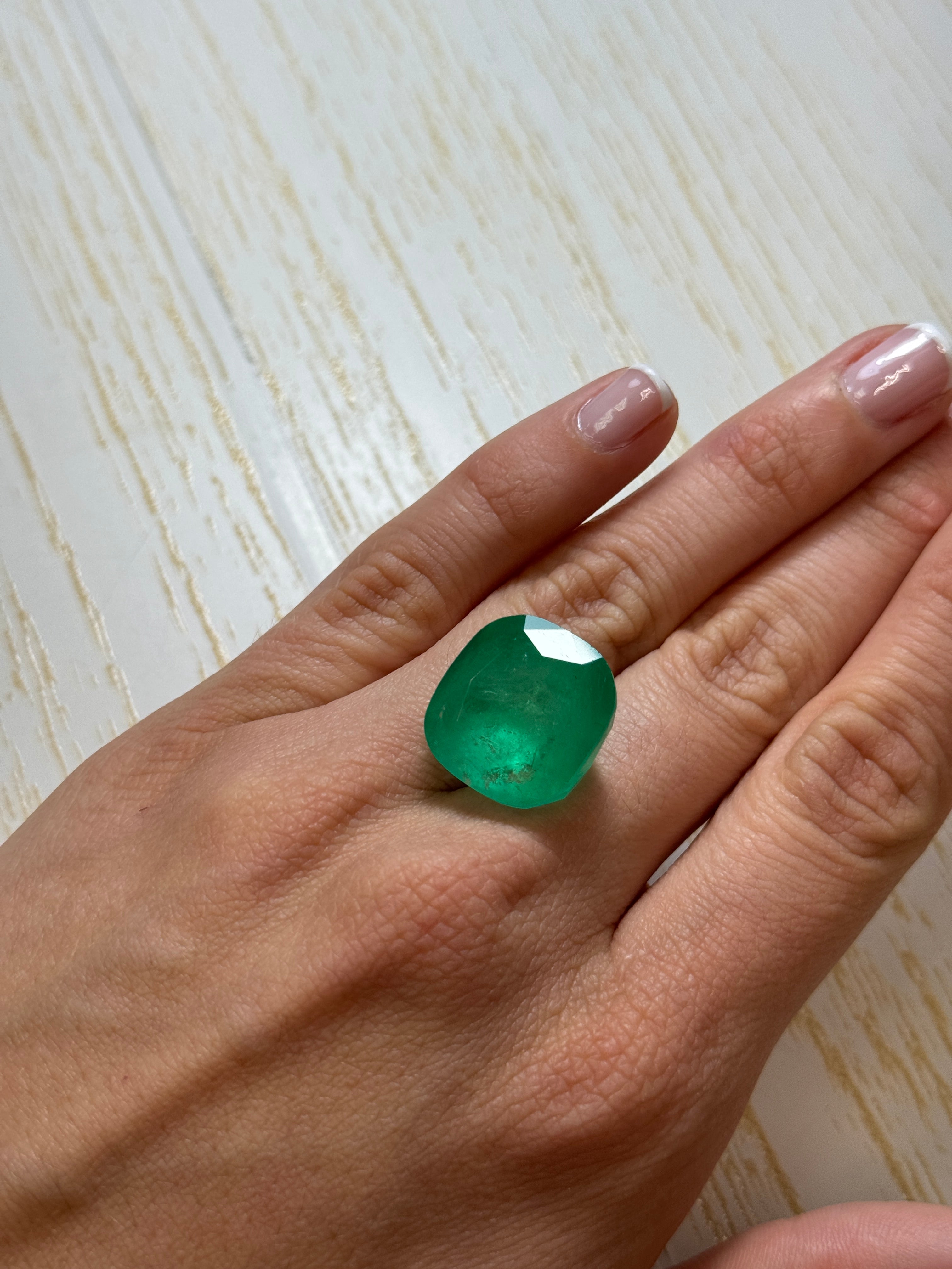 30.43 Carat 19x18 Spring Green Natural Loose Colombian Emerald-Cushion Cut - JR Colombian Emeralds