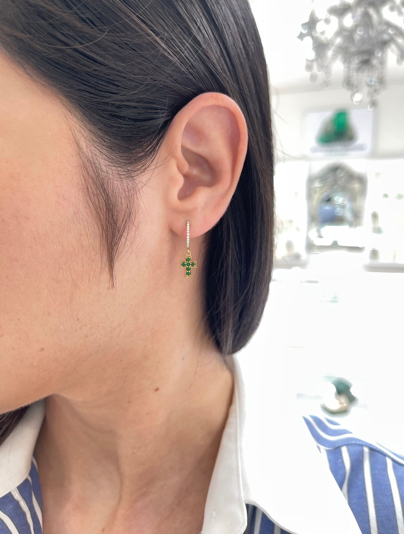 Emerald Cross & Diamond Hoop Earrings 14K