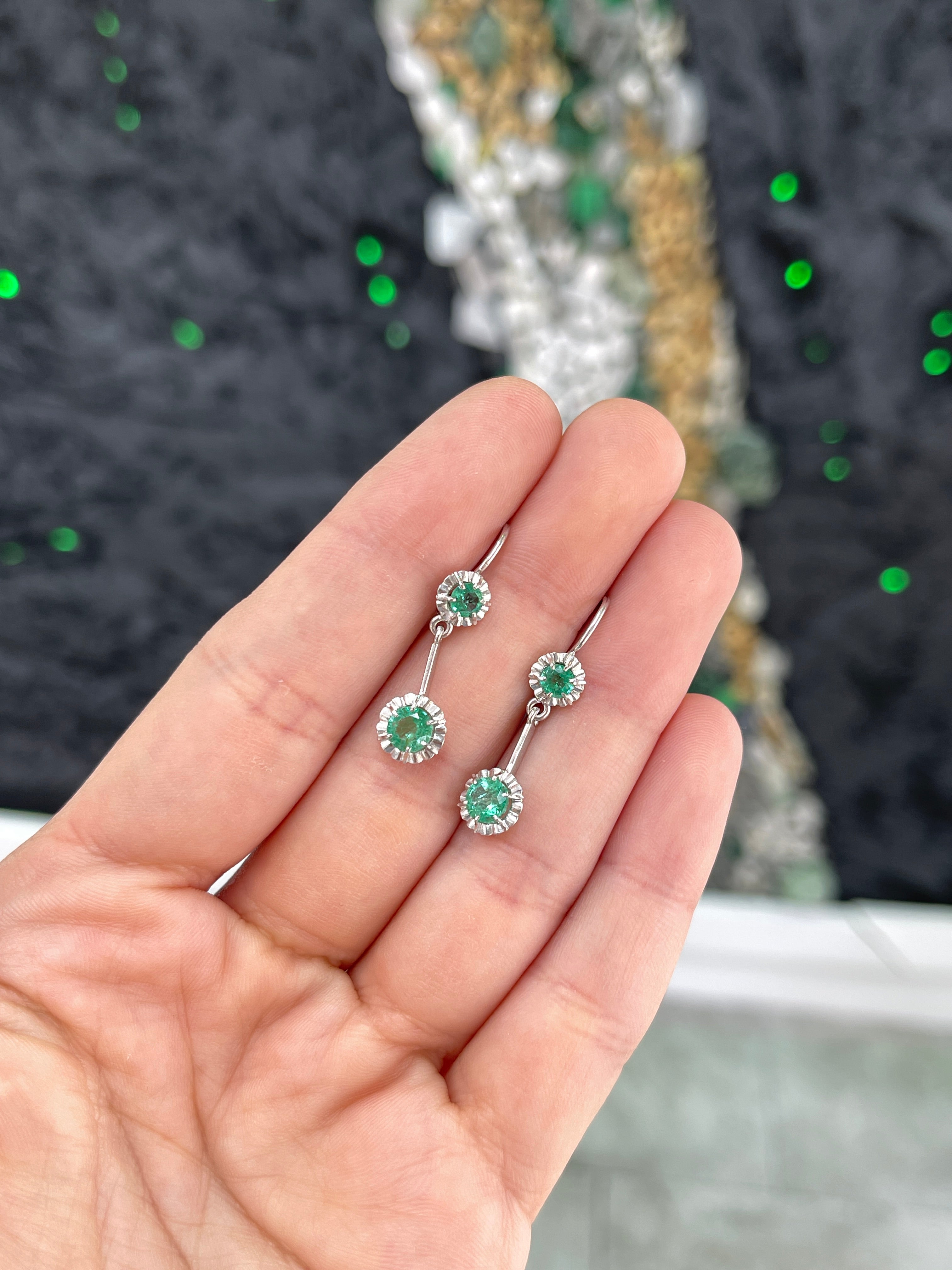 Round Natural Emerald Dangle Earrings in White Gold Buttercup Setting 31mm Leverback Drops - JR Colombian Emeralds