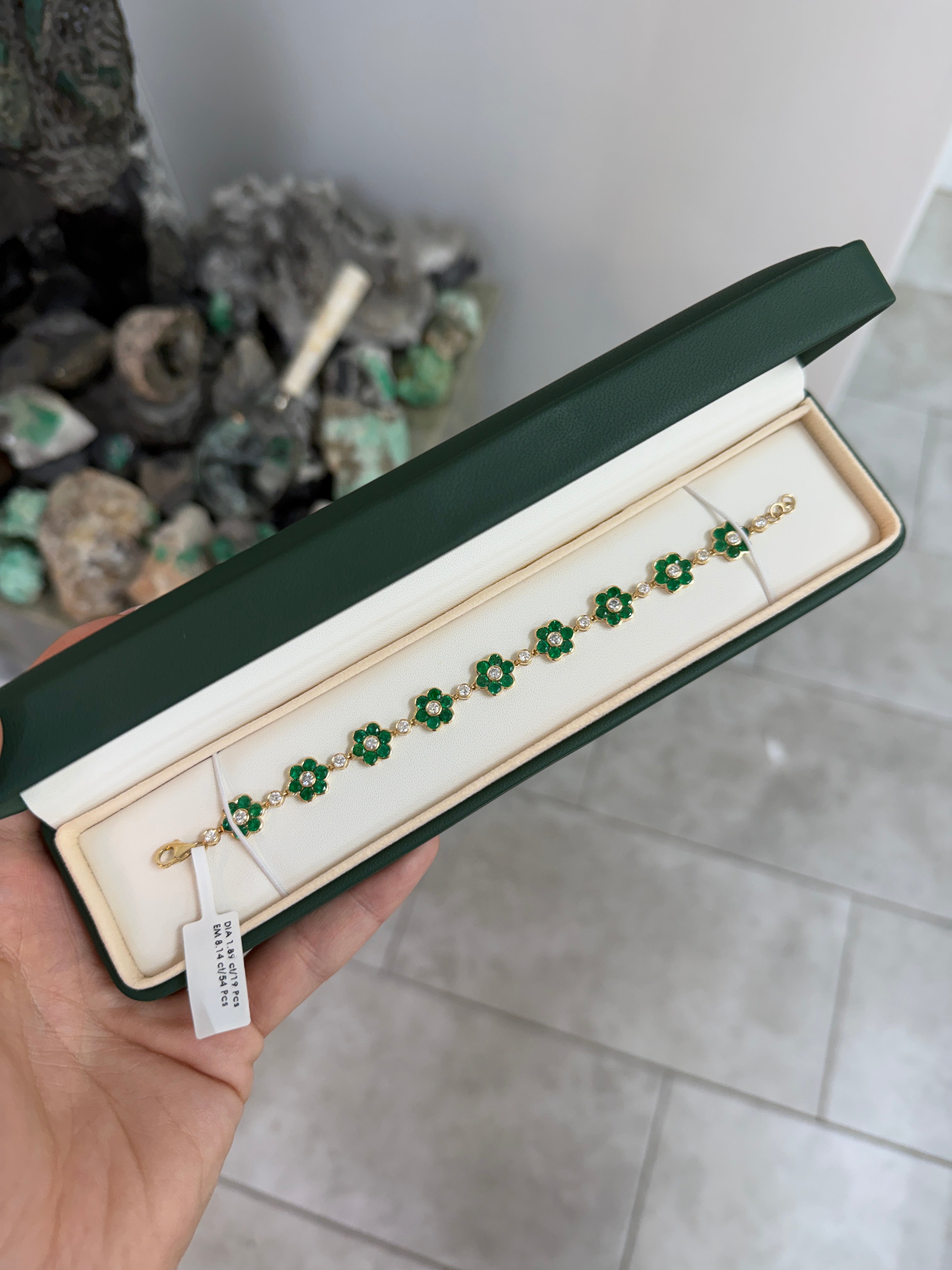 10.03tcw 14K Floral Natural Vivid Green Emerald & Diamond Bracelet 7"
