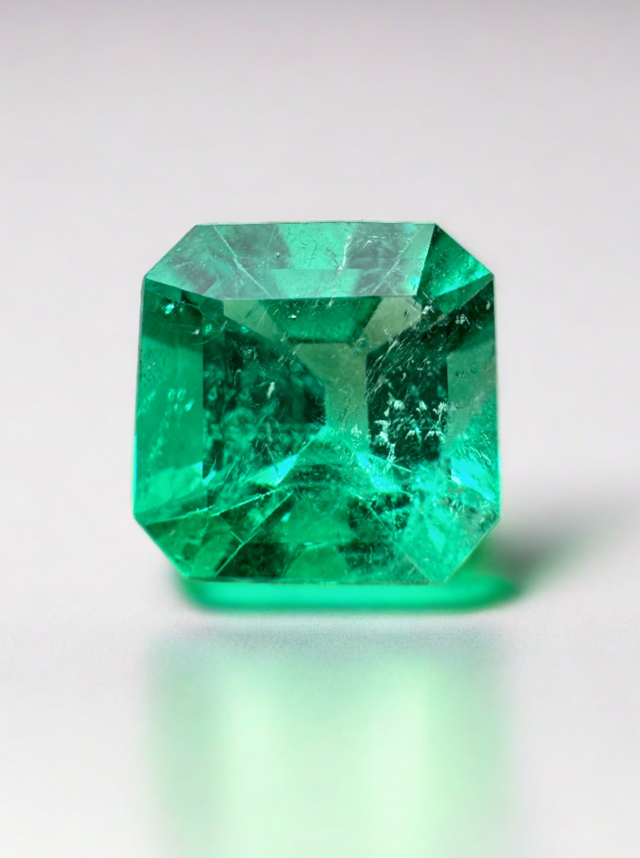 1.64 Carat 7.4x7.3 Yellowish Green Asscher Cut Natural Unset Colombian Emerald - JR Colombian Emeralds