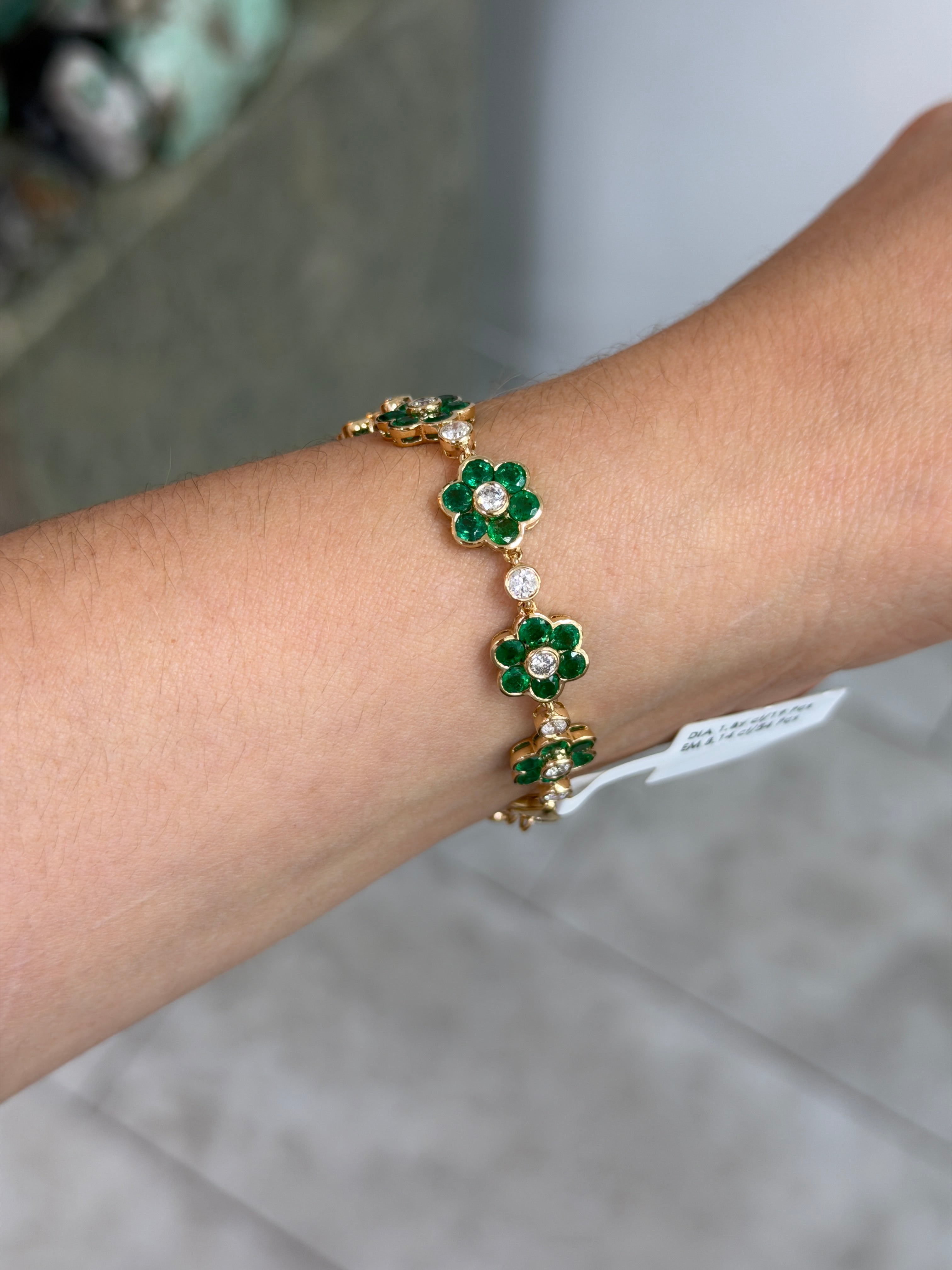 10.03tcw 14K Floral Natural Vivid Green Emerald & Diamond Bracelet 7"
