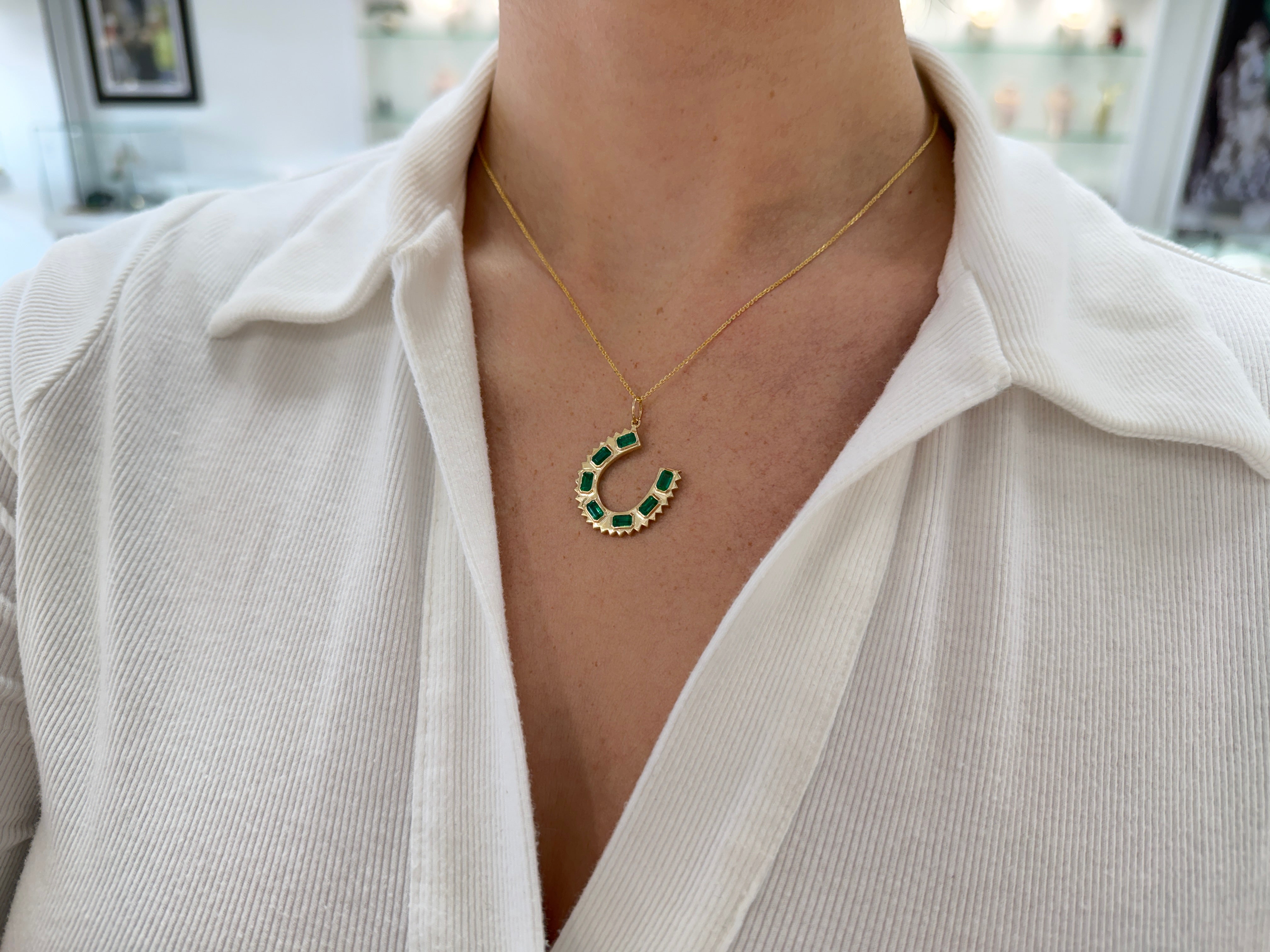 2.24tcw 14K Natural Emerald Cut Emerald Horseshoe Charm Pendant Necklace