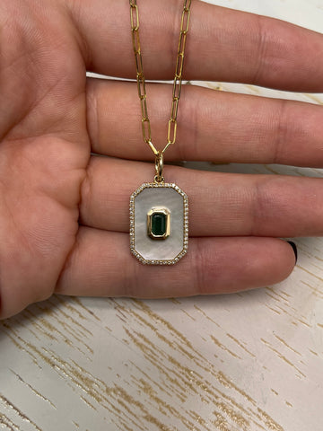 Emerald, Mother of Pearl, Diamond Medallion + Chain 14K