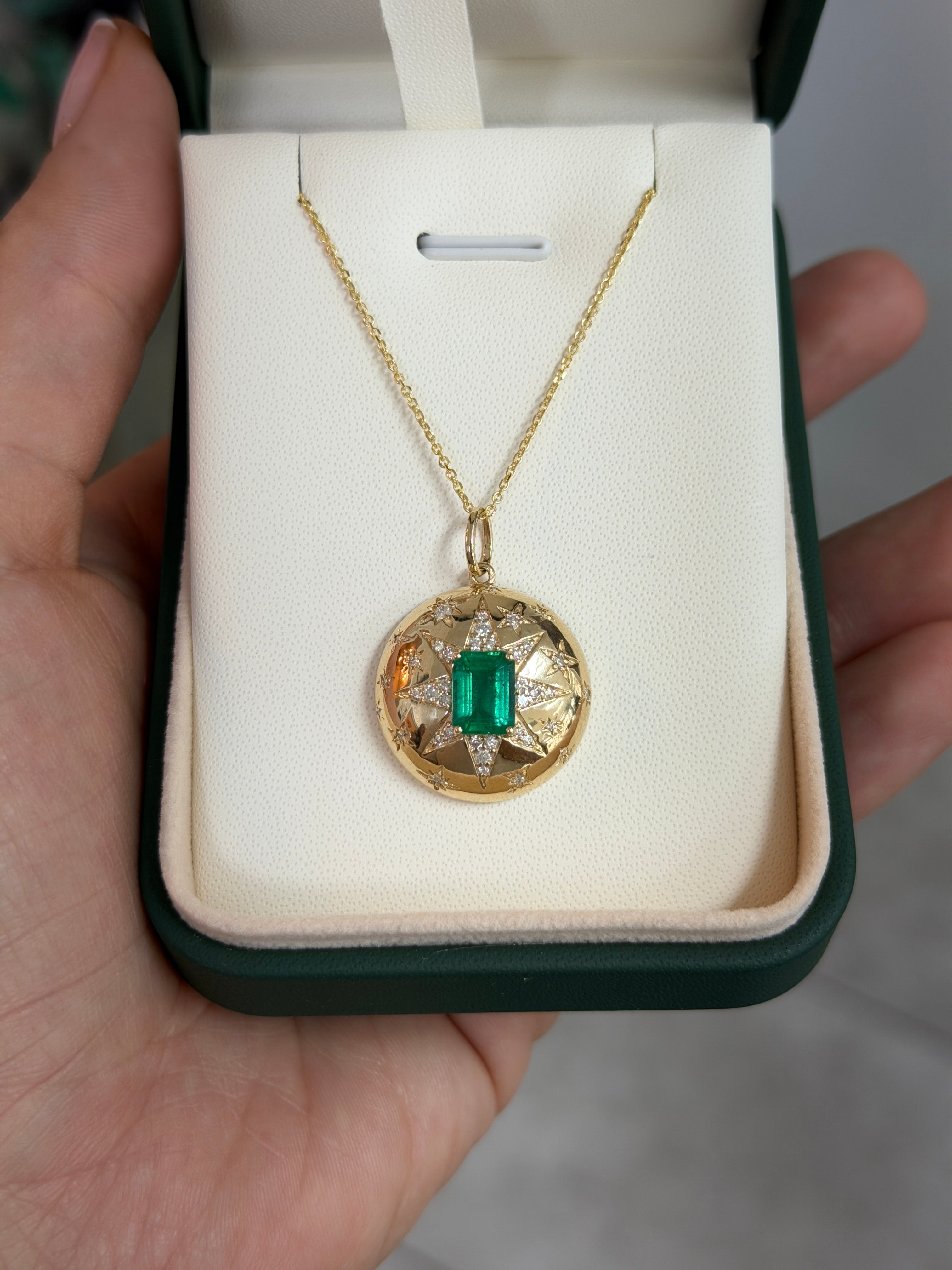 2.37tcw 14K Stunning Emerald & Diamond Celestial Dome Star Burst Pendant Necklace