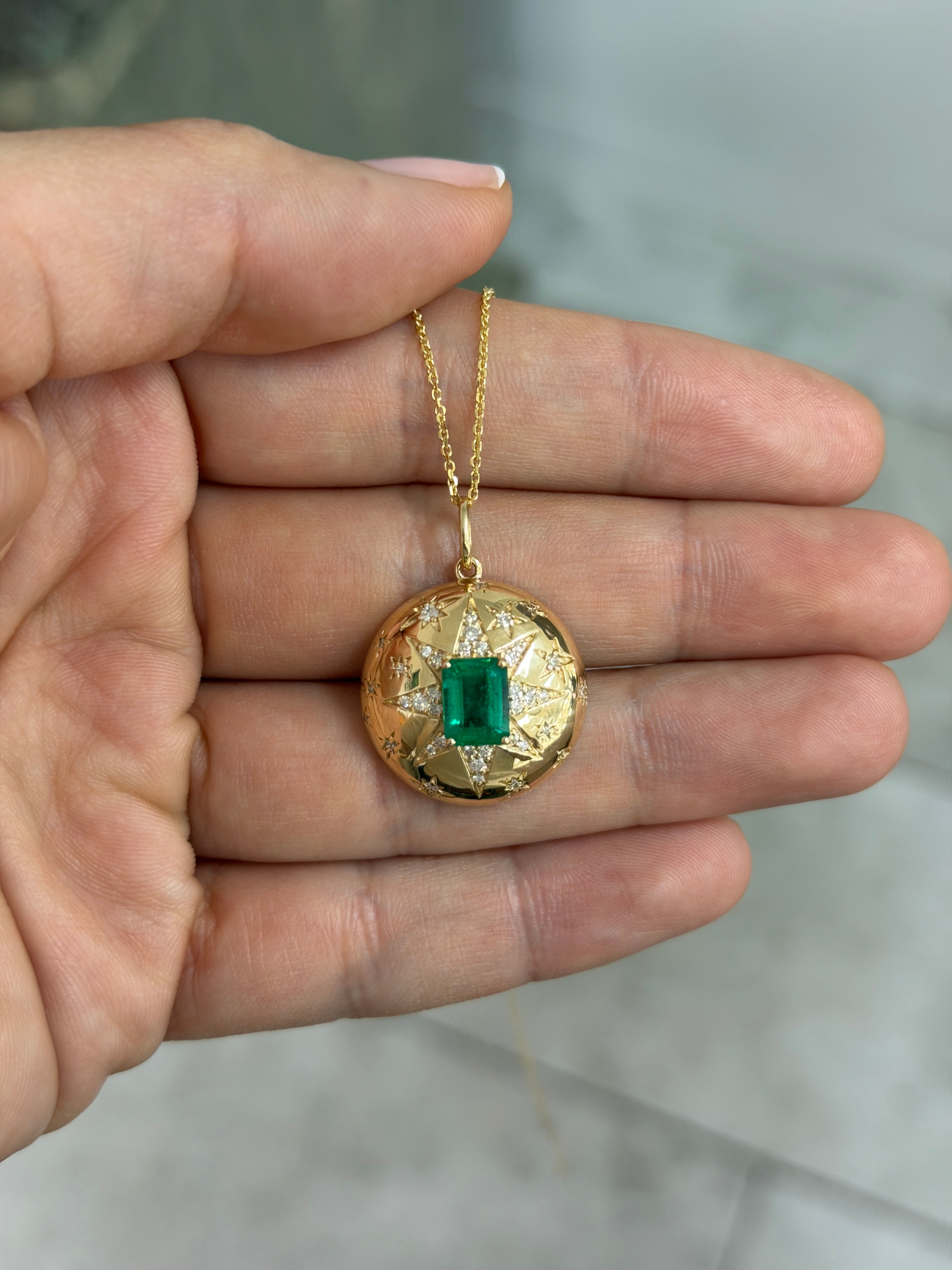 2.37tcw 14K Stunning Emerald & Diamond Celestial Dome Star Burst Pendant Necklace