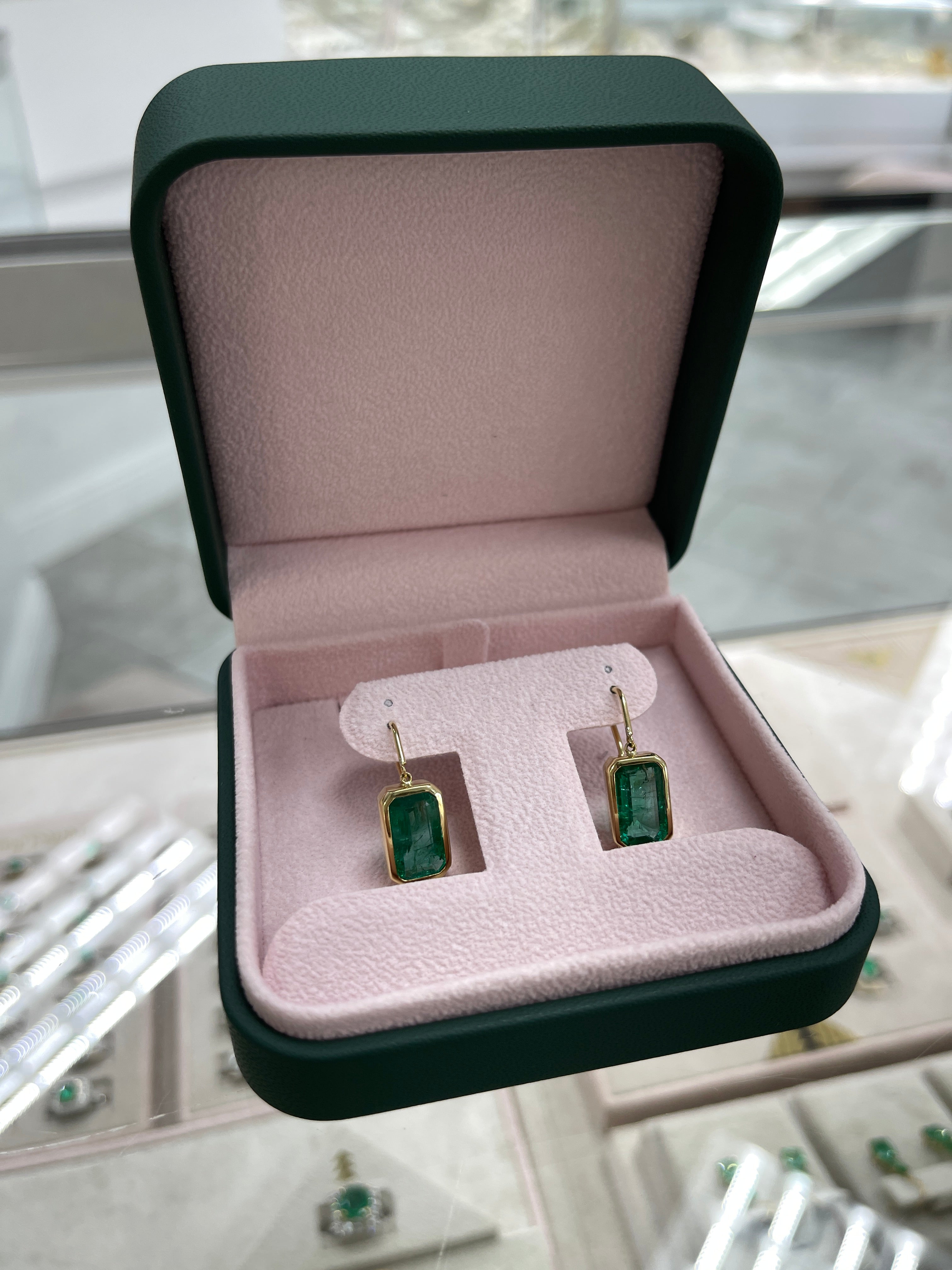 7.90tcw Deep Green Natural Emerald Bezel Set Drop & Dangle Hook Earrings 18K