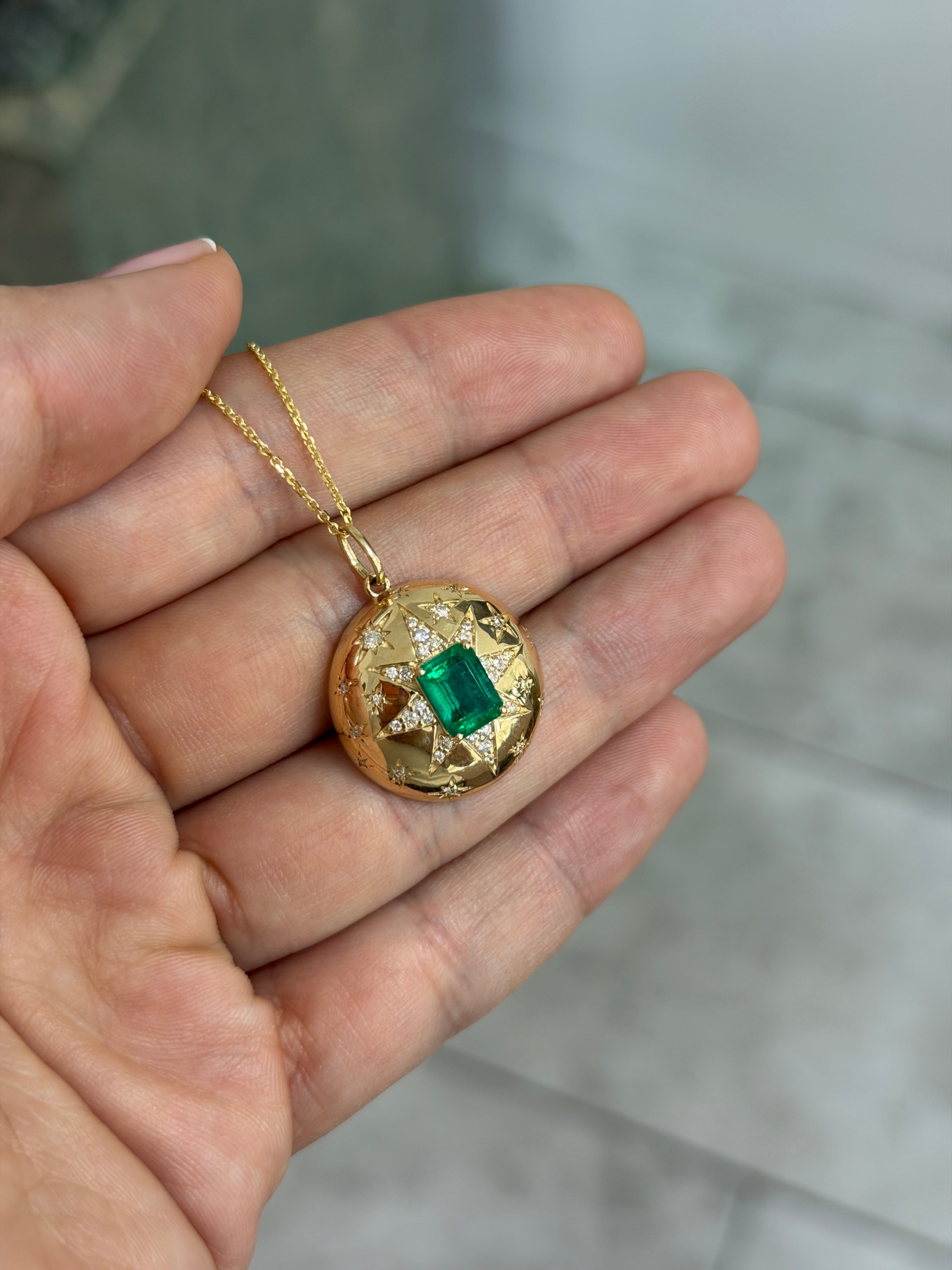 2.37tcw 14K Stunning Emerald & Diamond Celestial Dome Star Burst Pendant Necklace