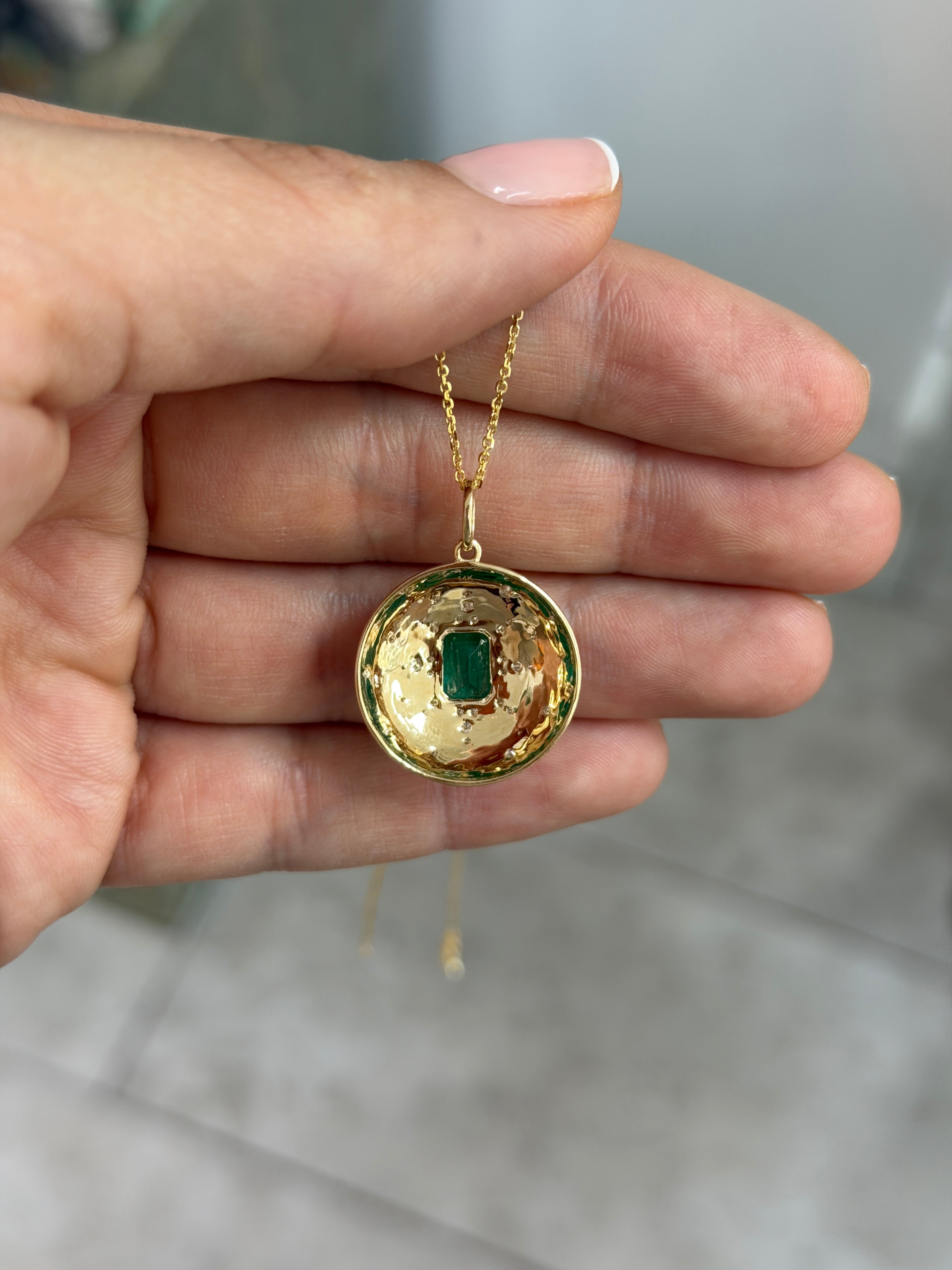 2.37tcw 14K Stunning Emerald & Diamond Celestial Dome Star Burst Pendant Necklace