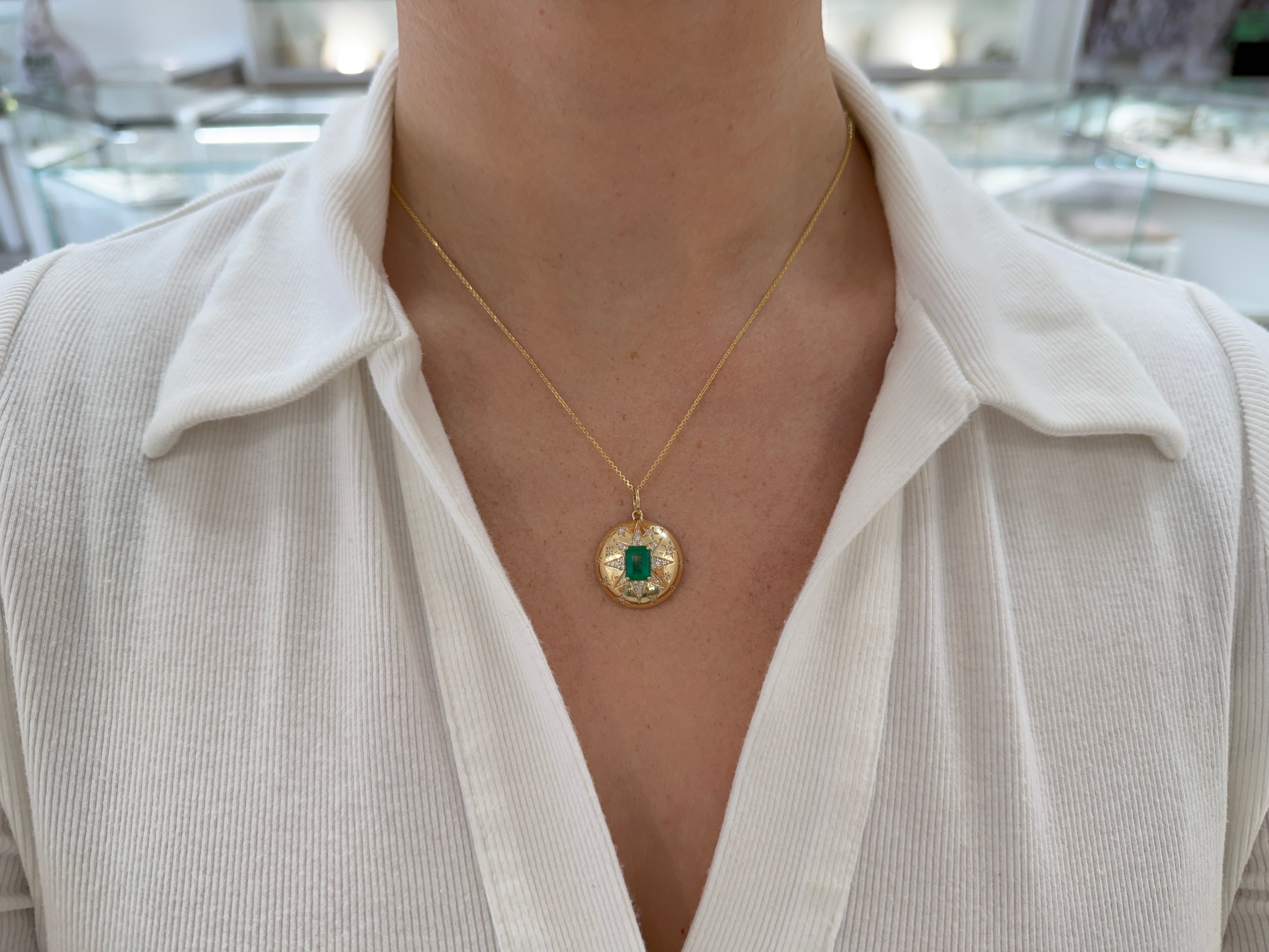 2.37tcw 14K Stunning Emerald & Diamond Celestial Dome Star Burst Pendant Necklace