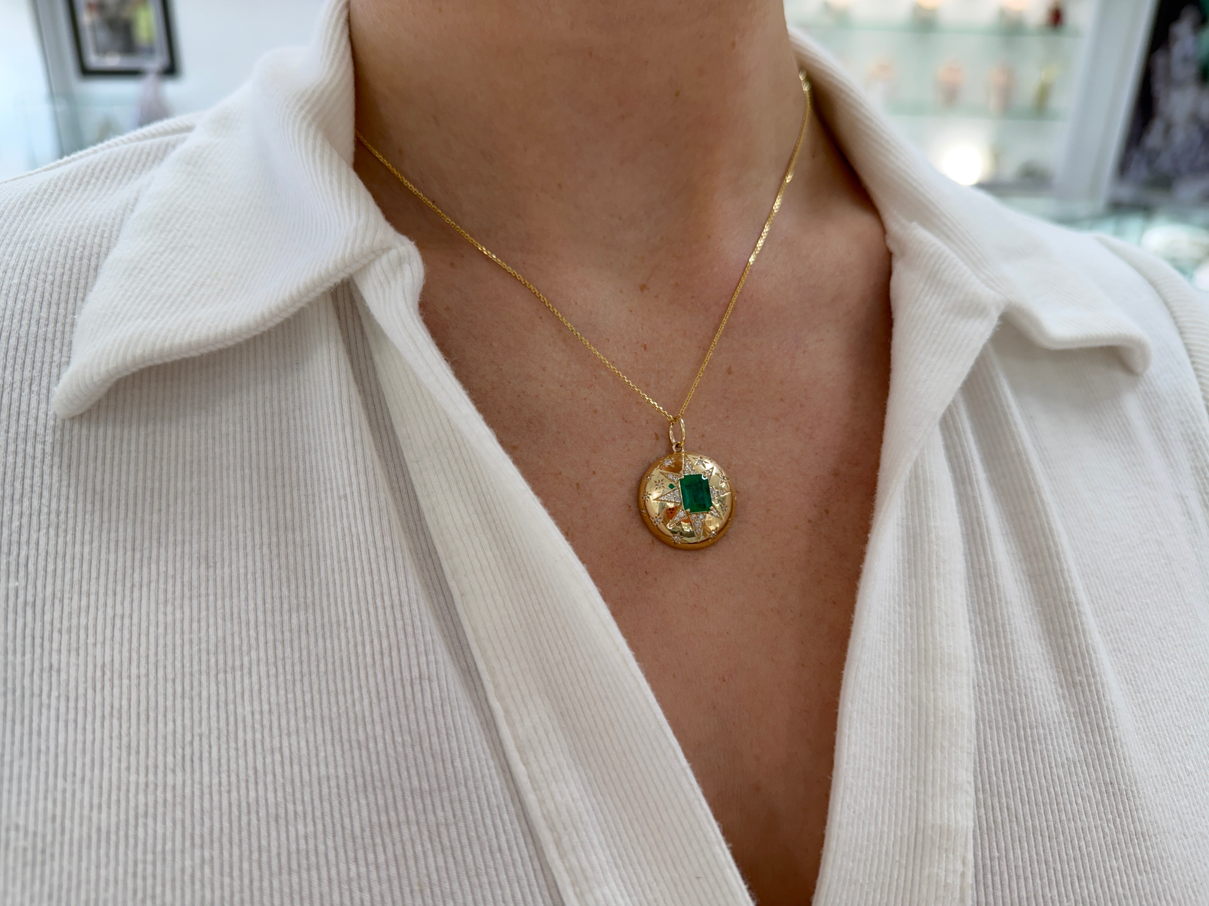 2.37tcw 14K Stunning Emerald & Diamond Celestial Dome Star Burst Pendant Necklace