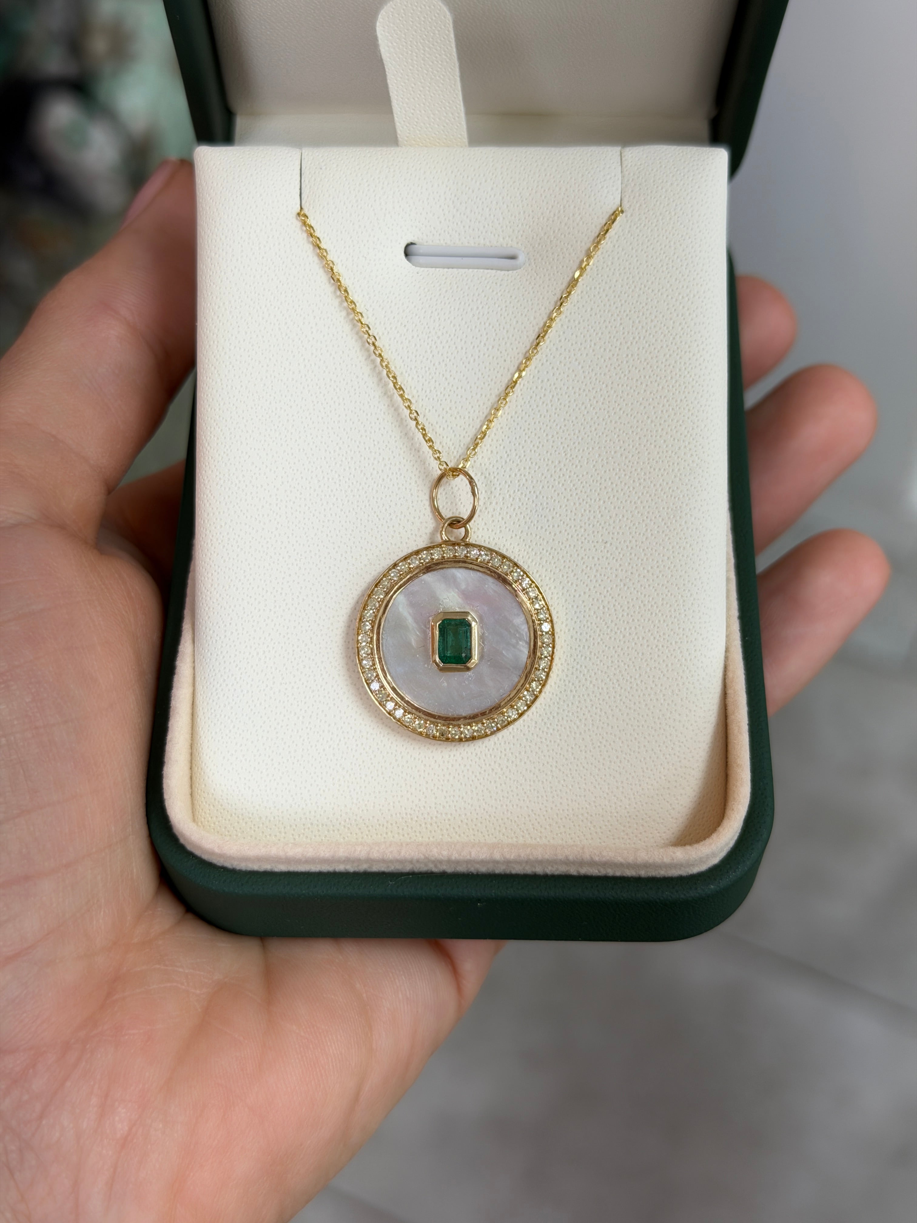 7.85tcw 14K Natural Emerald & Mother of Pearl Diamond Halo Accent Charm Pendant Necklace