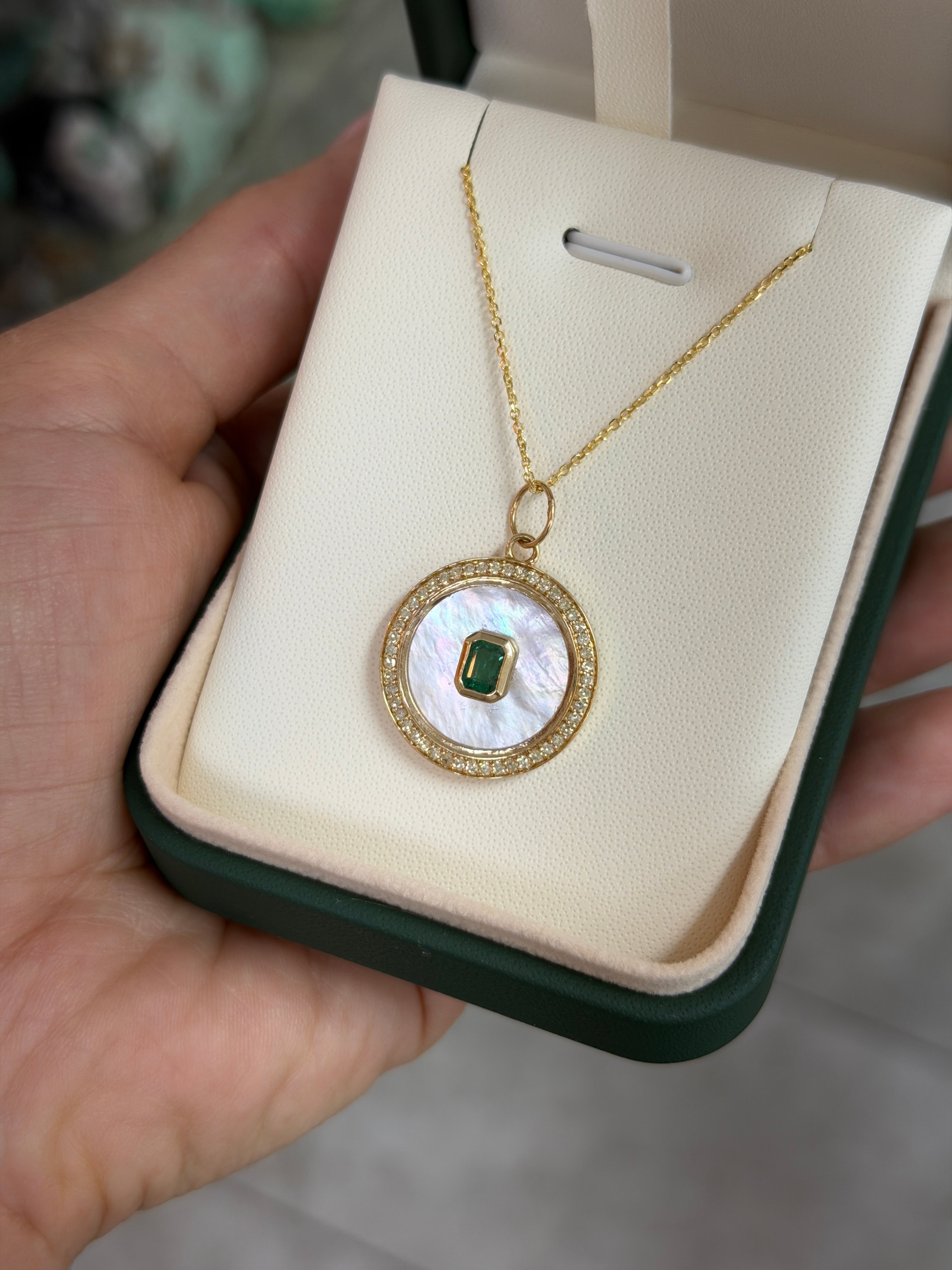 7.85tcw 14K Natural Emerald & Mother of Pearl Diamond Halo Accent Charm Pendant Necklace