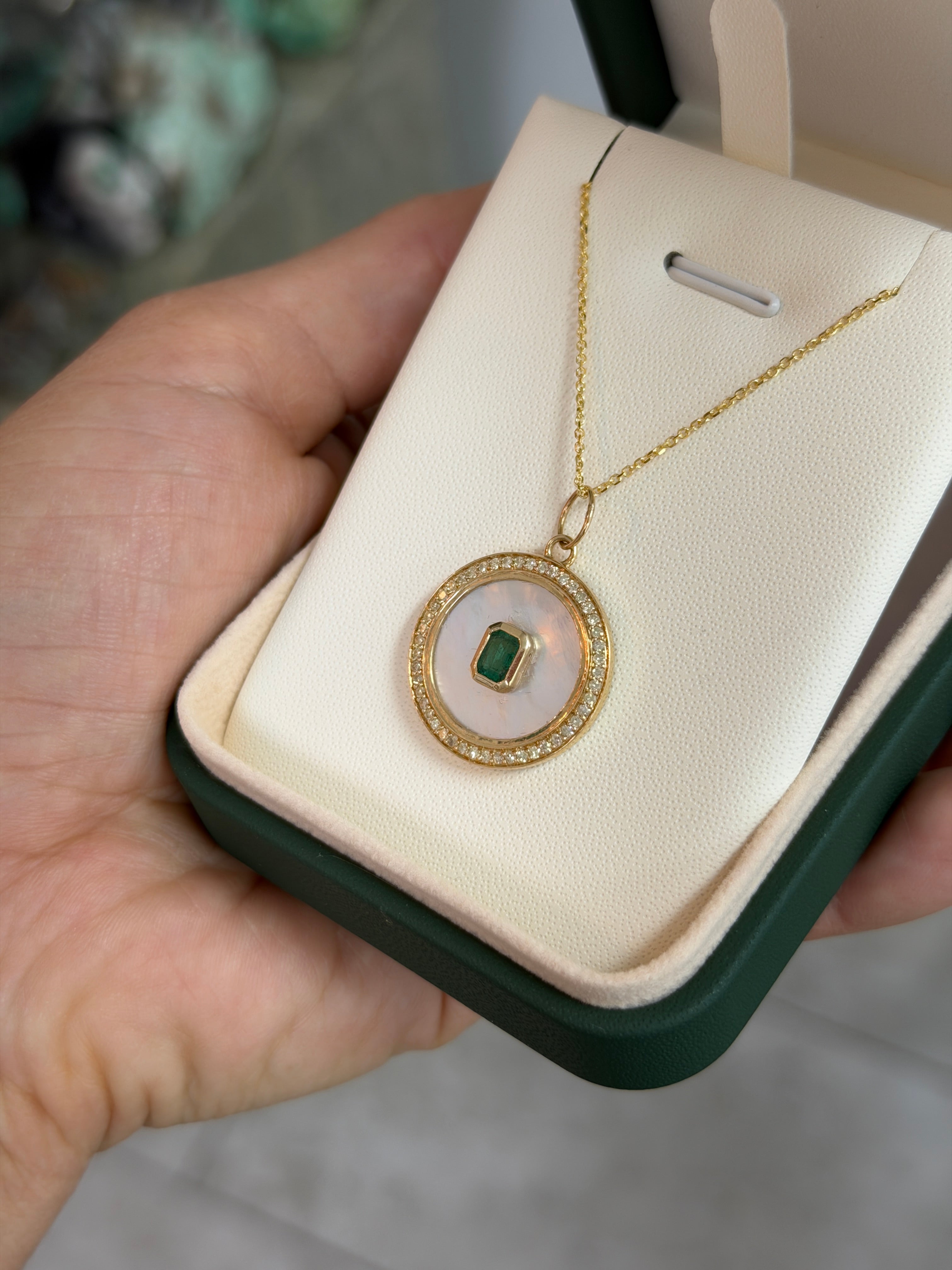 7.85tcw 14K Natural Emerald & Mother of Pearl Diamond Halo Accent Charm Pendant Necklace