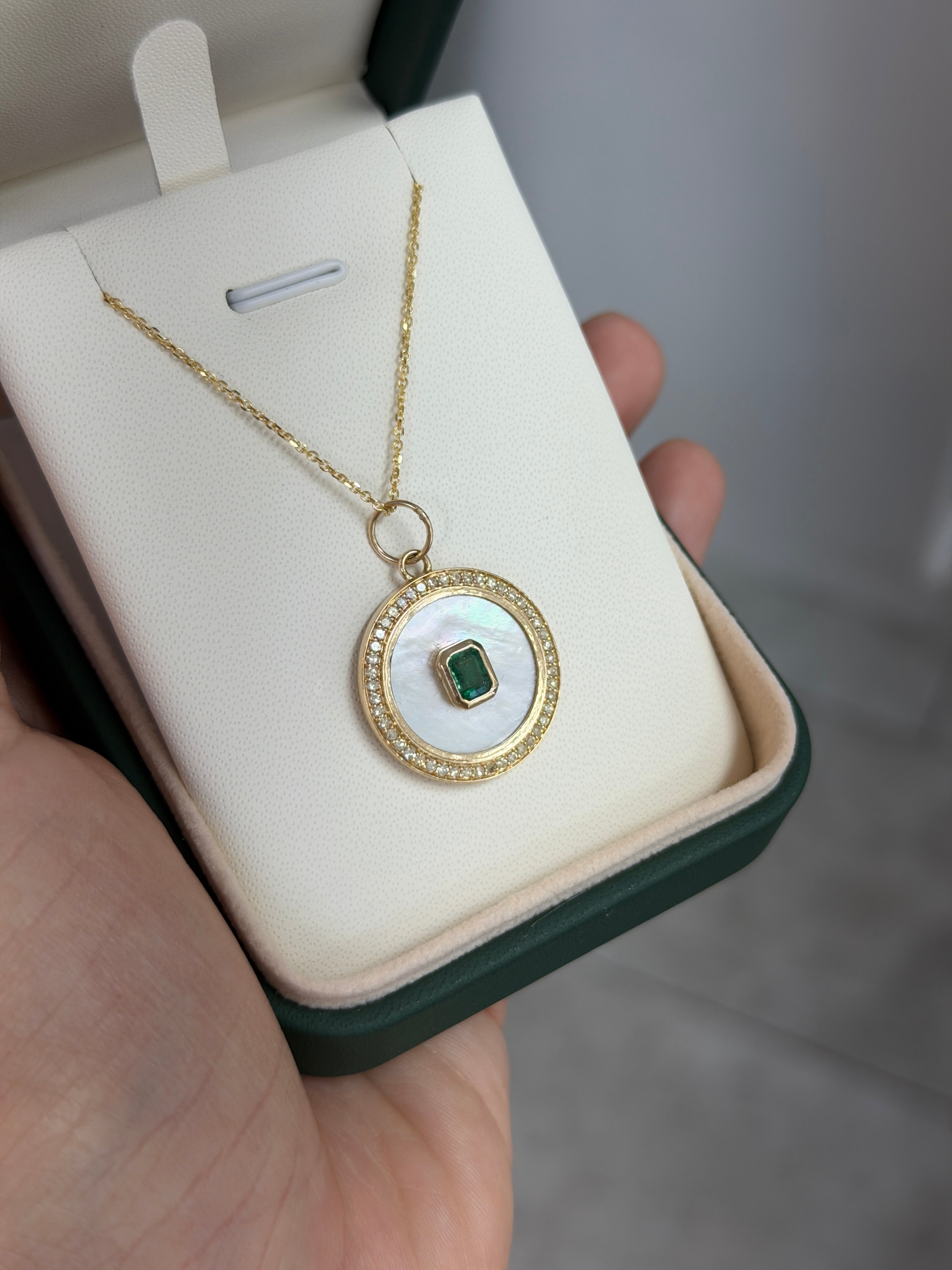 7.85tcw 14K Natural Emerald & Mother of Pearl Diamond Halo Accent Charm Pendant Necklace