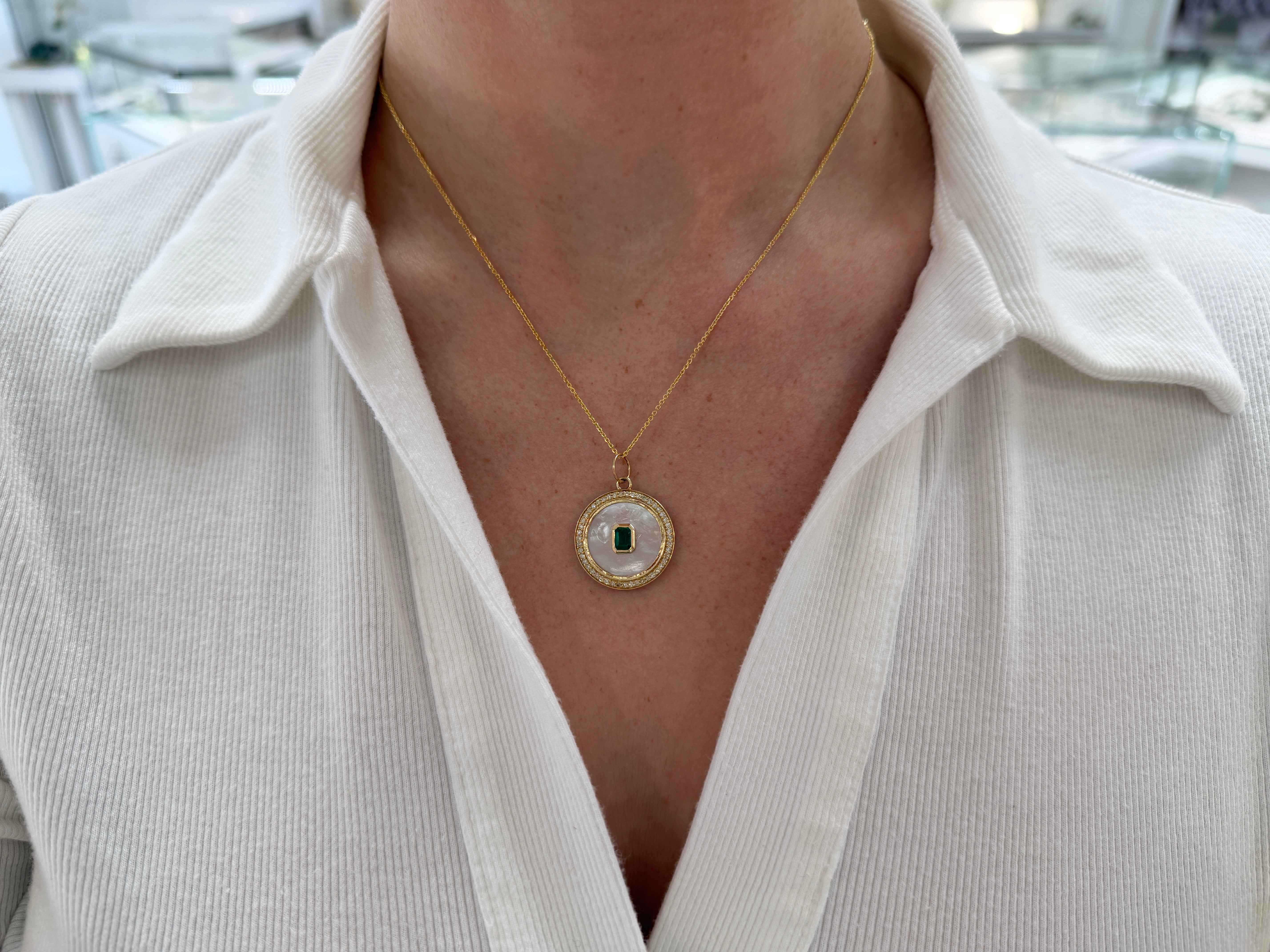 7.85tcw 14K Natural Emerald & Mother of Pearl Diamond Halo Accent Charm Pendant Necklace