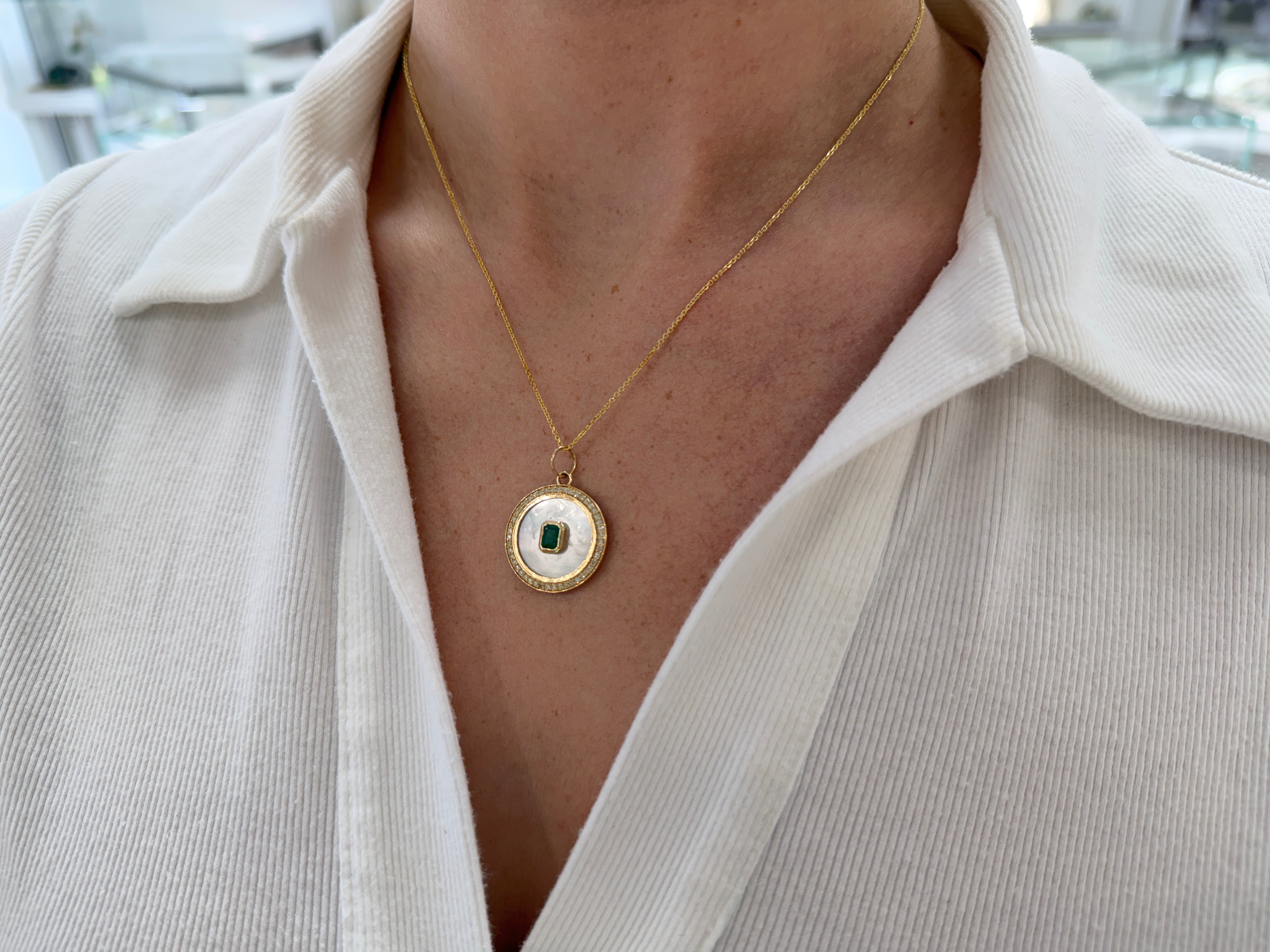 7.85tcw 14K Natural Emerald & Mother of Pearl Diamond Halo Accent Charm Pendant Necklace