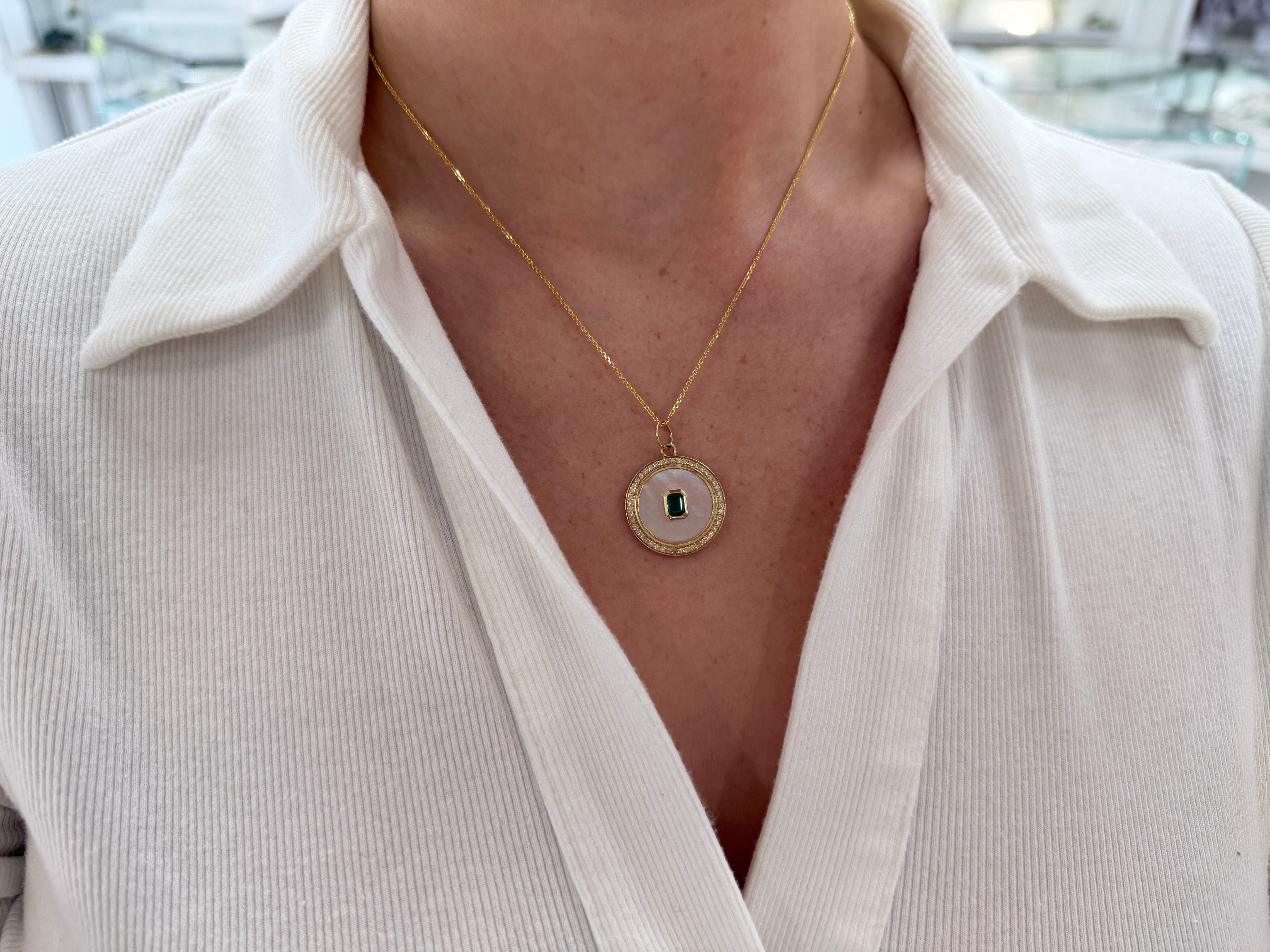 7.85tcw 14K Natural Emerald & Mother of Pearl Diamond Halo Accent Charm Pendant Necklace