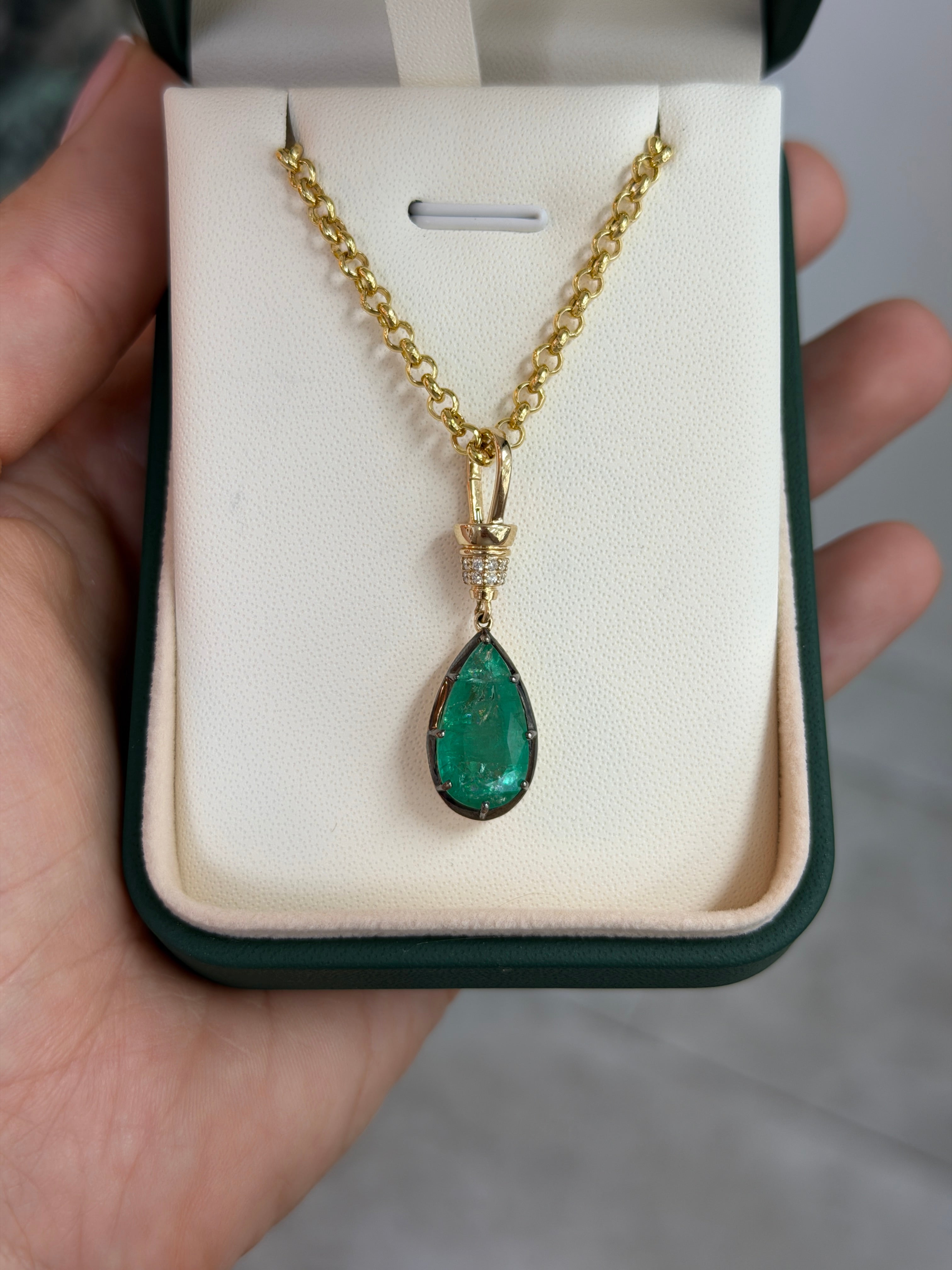 6.84tcw 14K Natural Pear Cut Emerald & Diamond Accent Charm Pendant Necklace