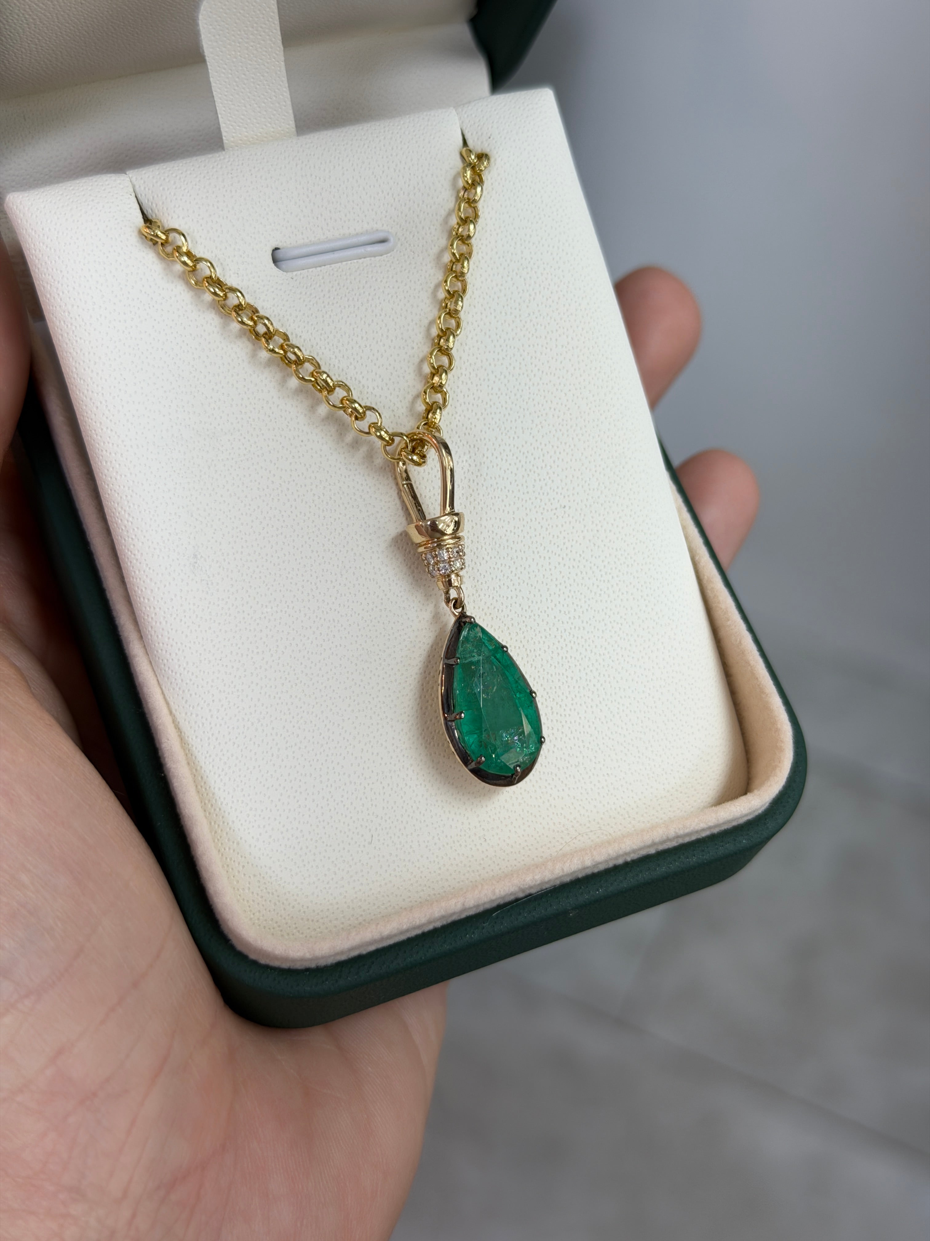 6.84tcw 14K Natural Pear Cut Emerald & Diamond Accent Charm Pendant Necklace