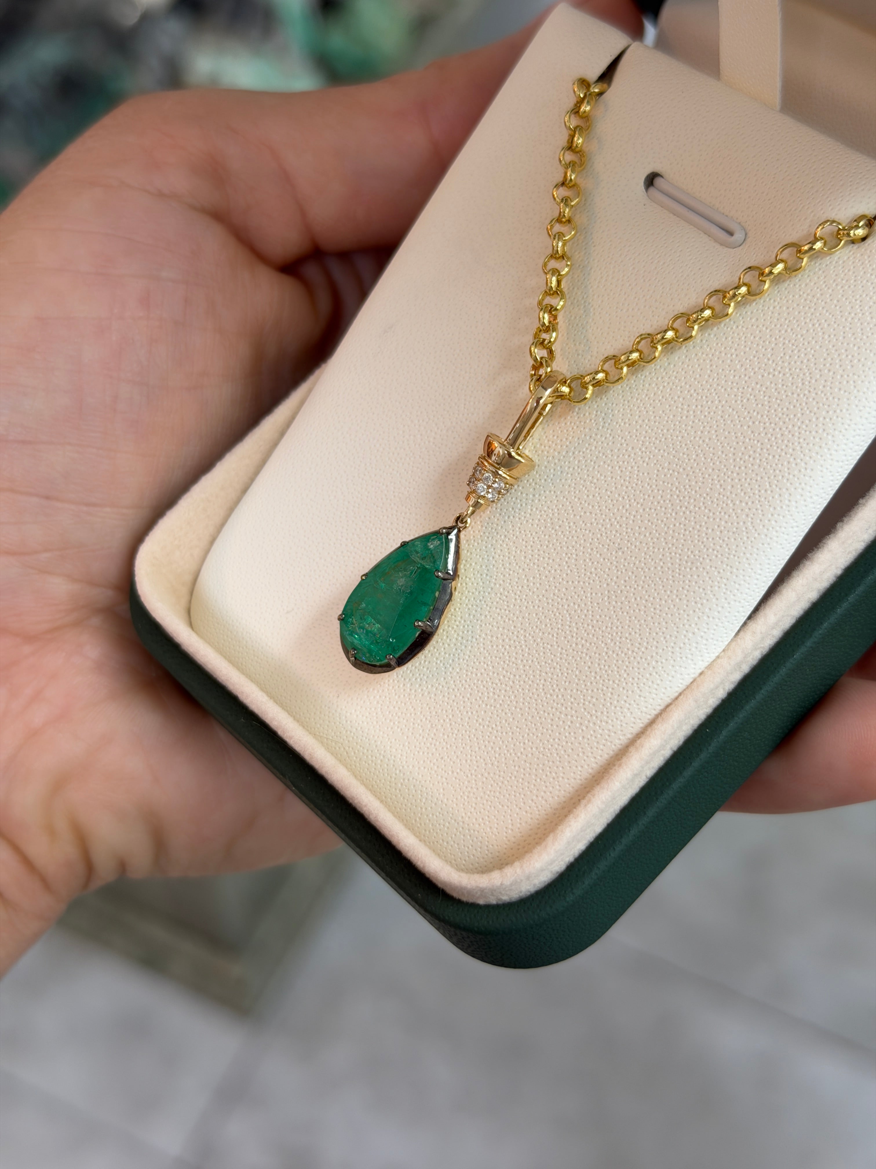 6.84tcw 14K Natural Pear Cut Emerald & Diamond Accent Charm Pendant Necklace